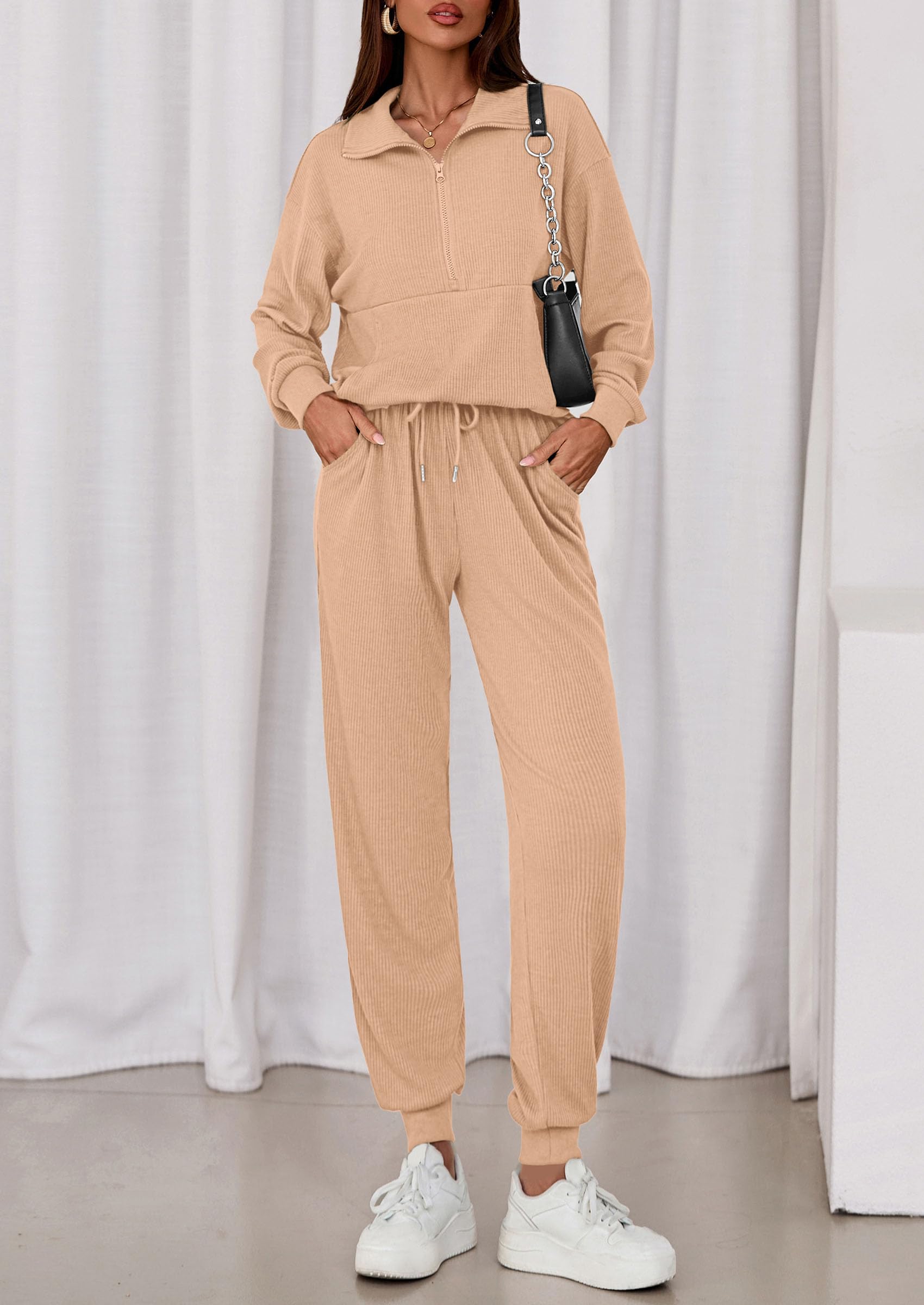 Airport Travel Outfit Women Ribbed Knit Matching Lounge Sets