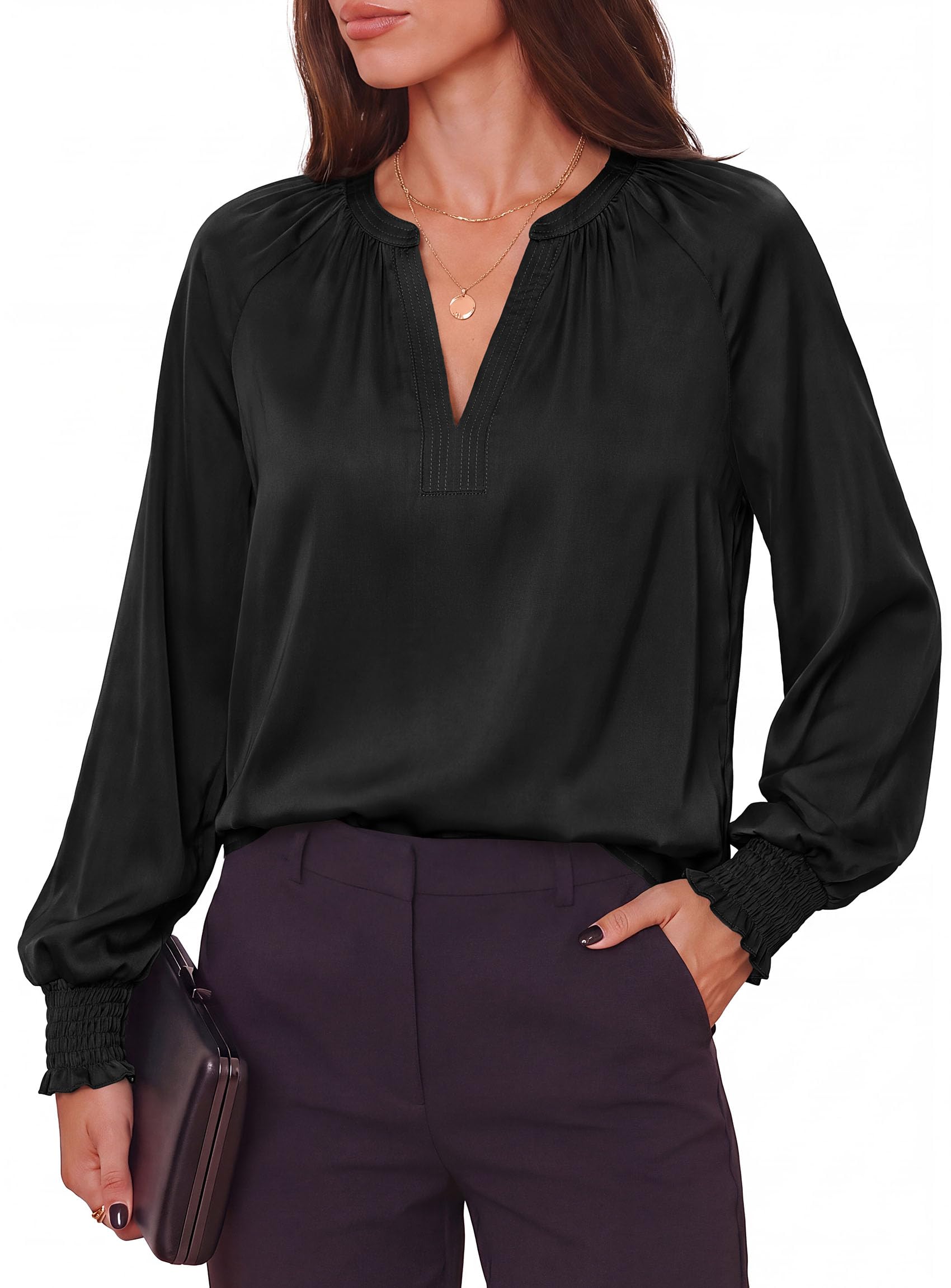 Women's Satin Blouses V Neck Long Sleeve Tops,Black,S