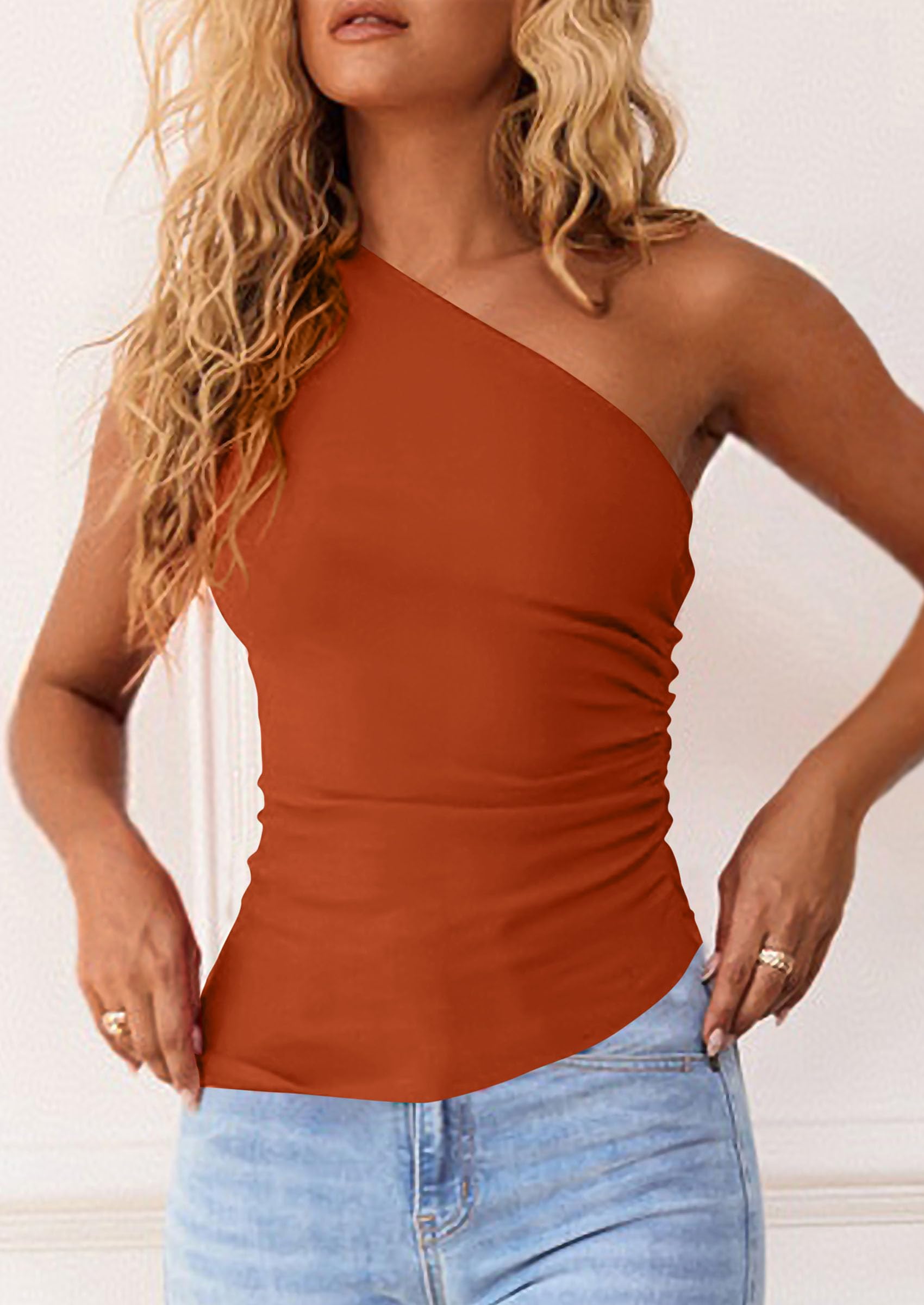 One Shoulder Summer Tops for Women,Rust Red,XS