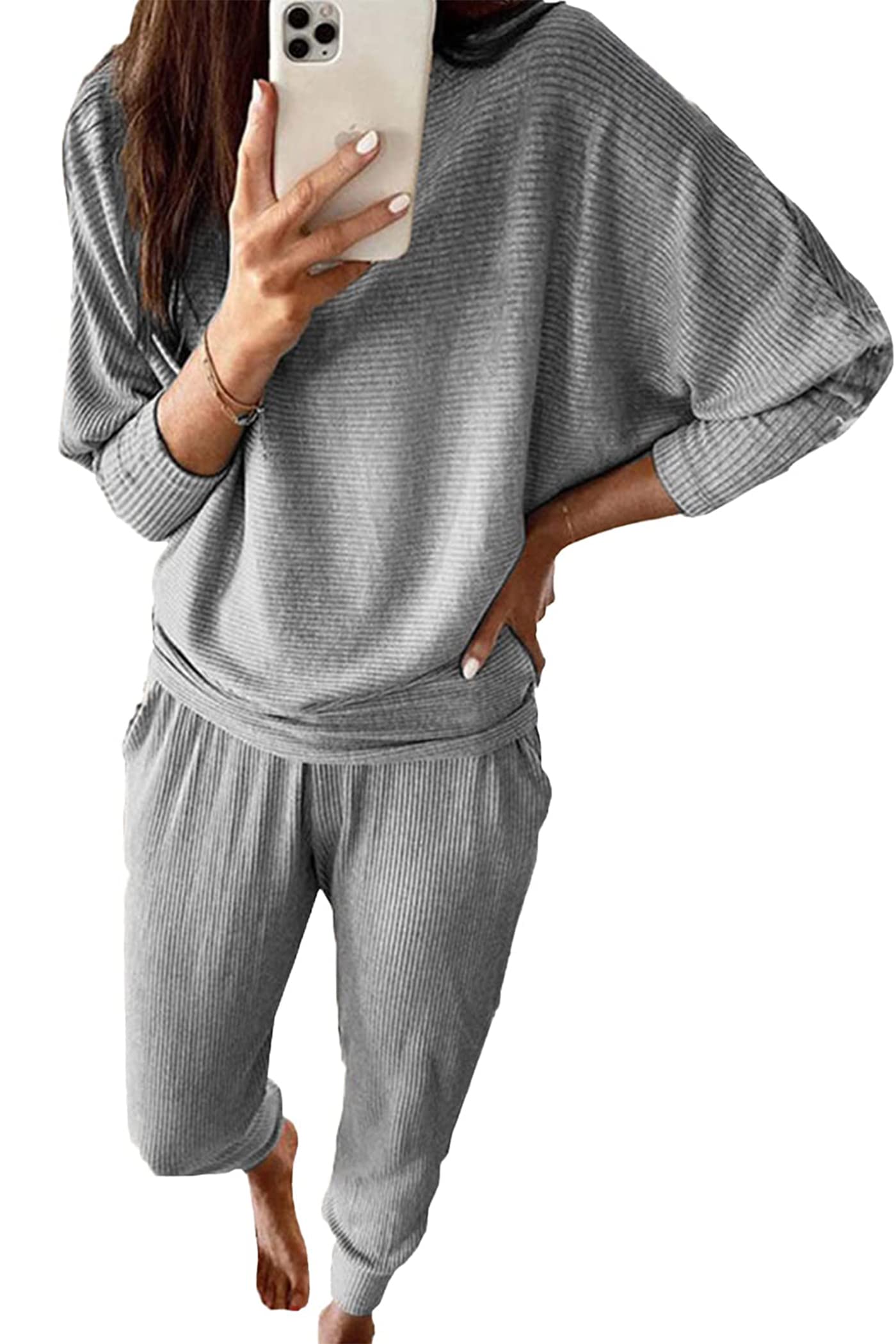 Women's 2 Piece Fall Outfits Matching Ribbed Knit Lounge Sets