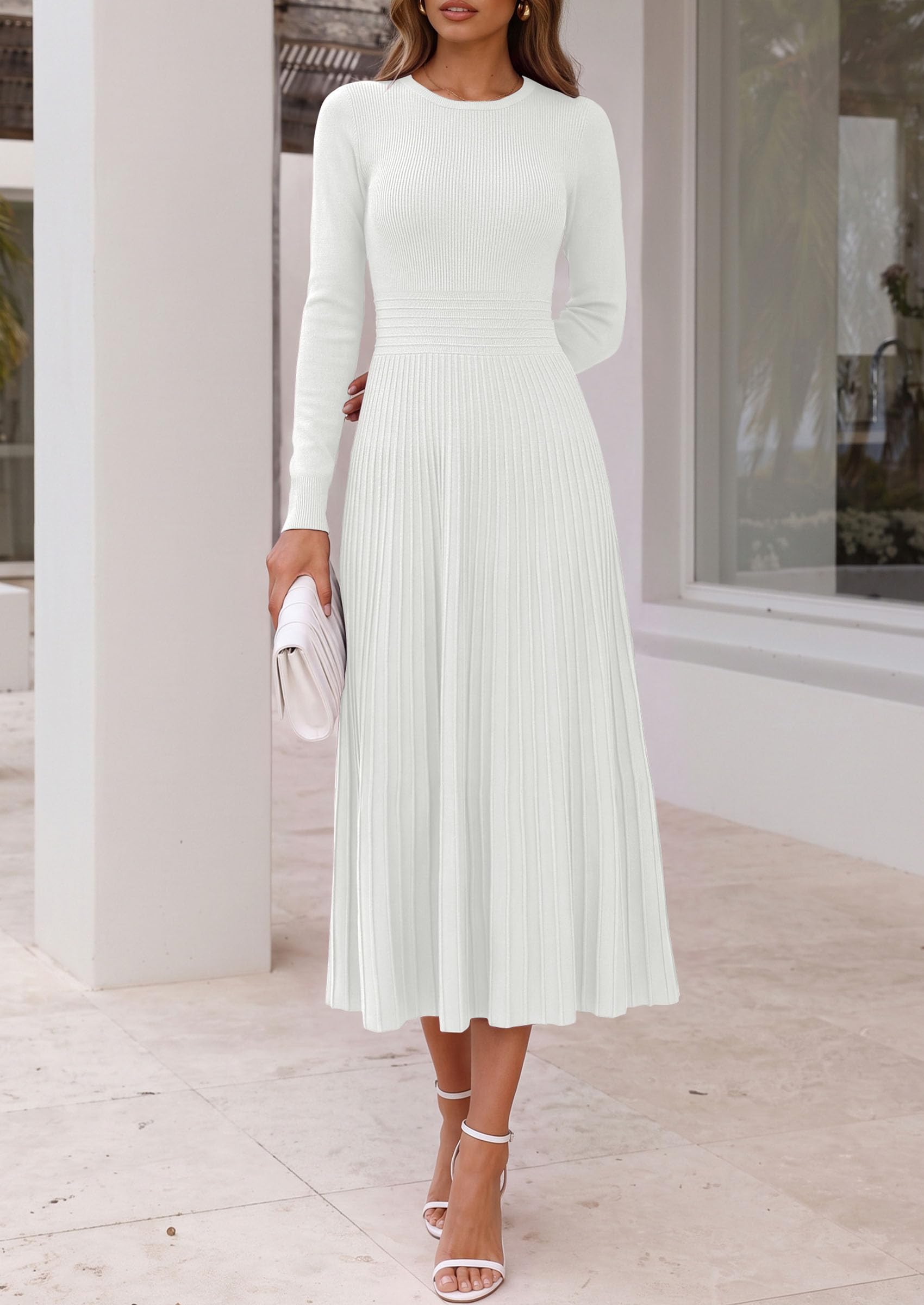 Women's Long Sleeve Knit Maxi Sweater Dress,White,S