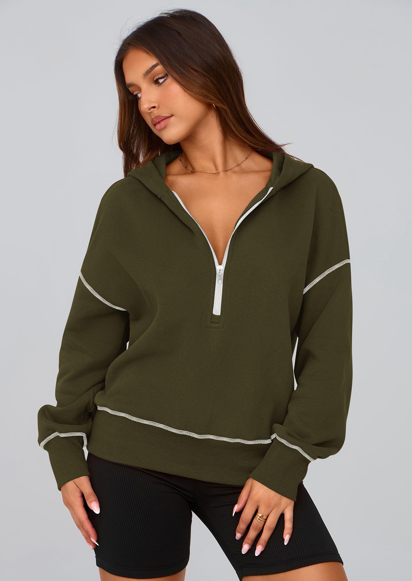 Women's Fall Half Zip Cropped Hoodie Sweatshirt Army Green