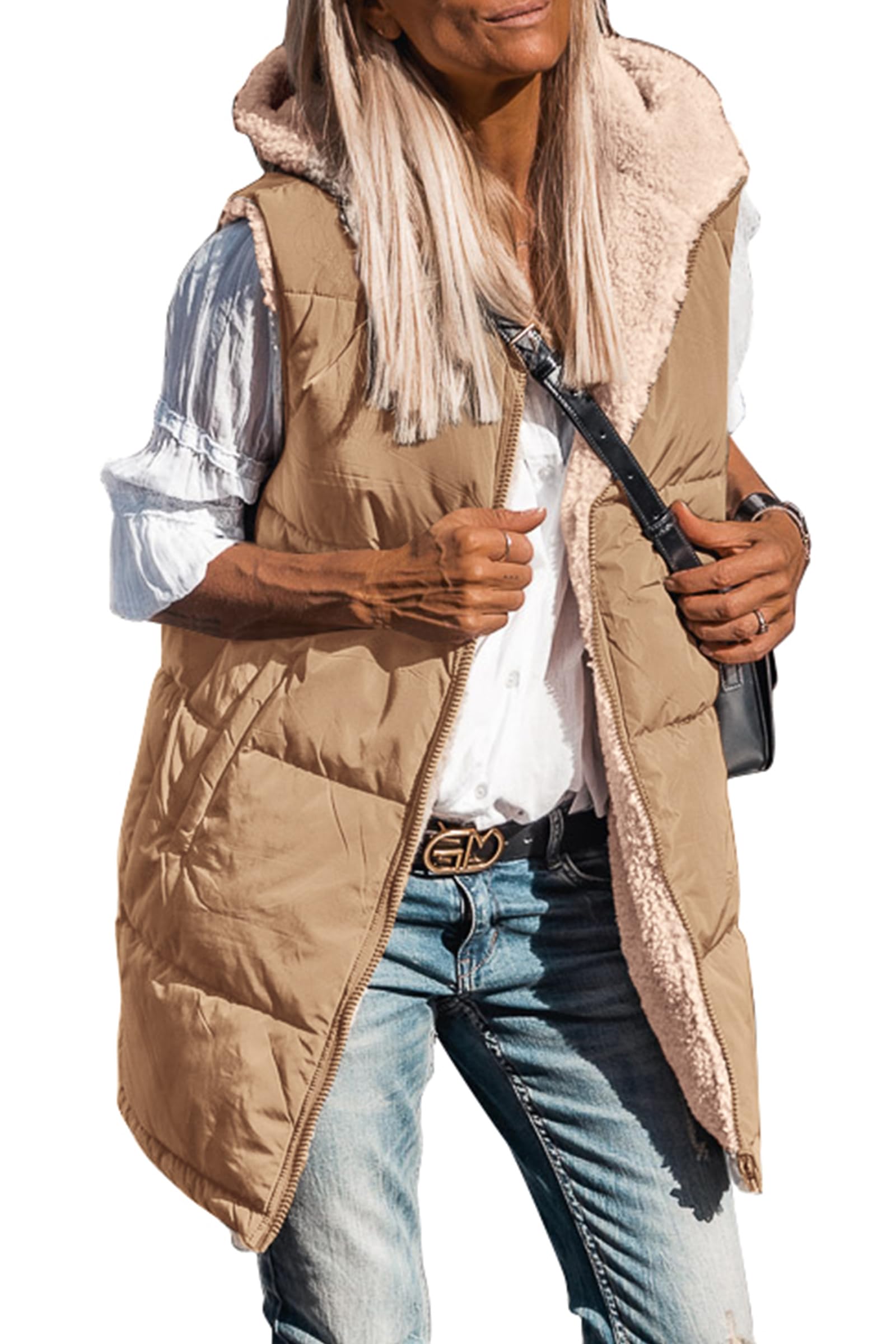 Women's Winter Reversible Fleece Long Vests(Light Camel,S)