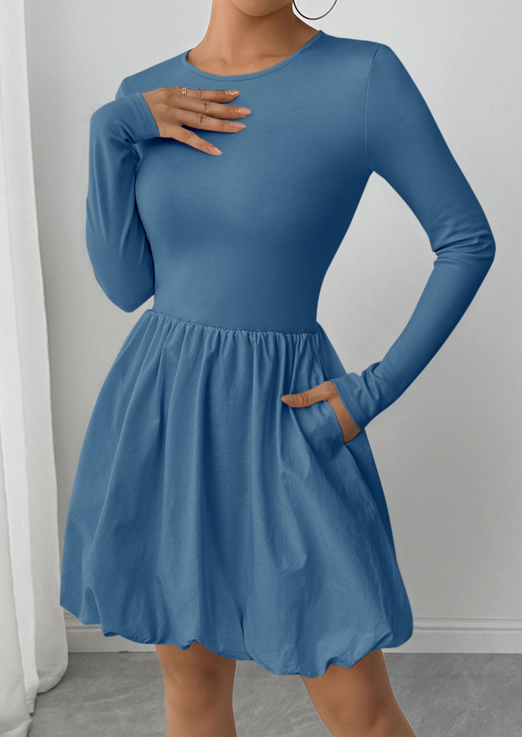 Fall Dresses for Women 2026 Bubble Mini Dress,Grey Blue,S