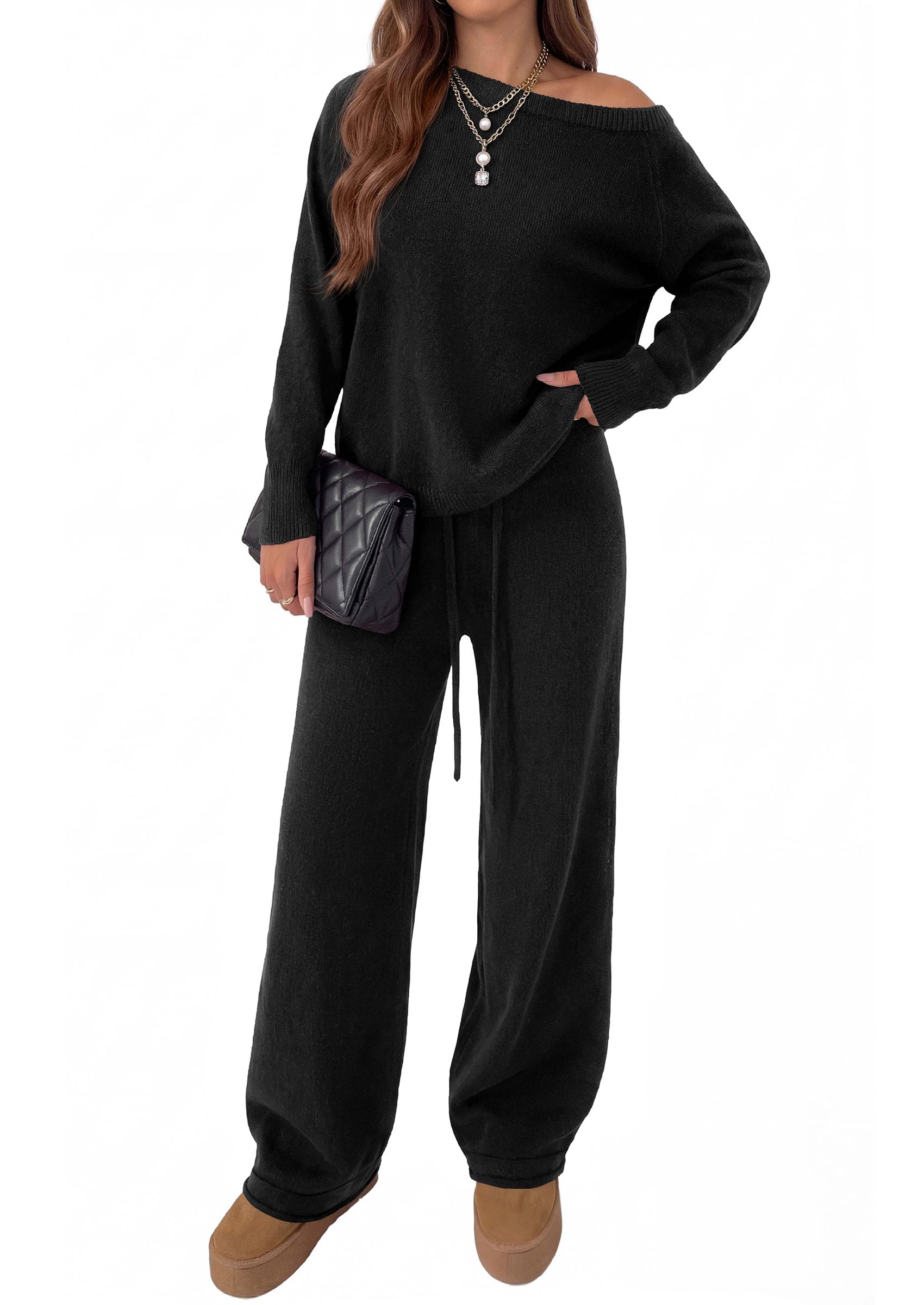 Lounge Sets Womens Sweaters Two Piece Outfits (Black,L)