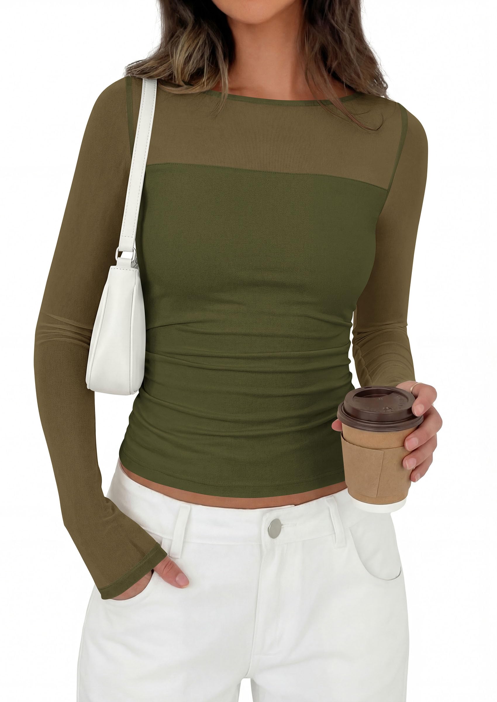 Women's Sheer Mesh Long Sleeve Going Out Tops (Army Green,S)