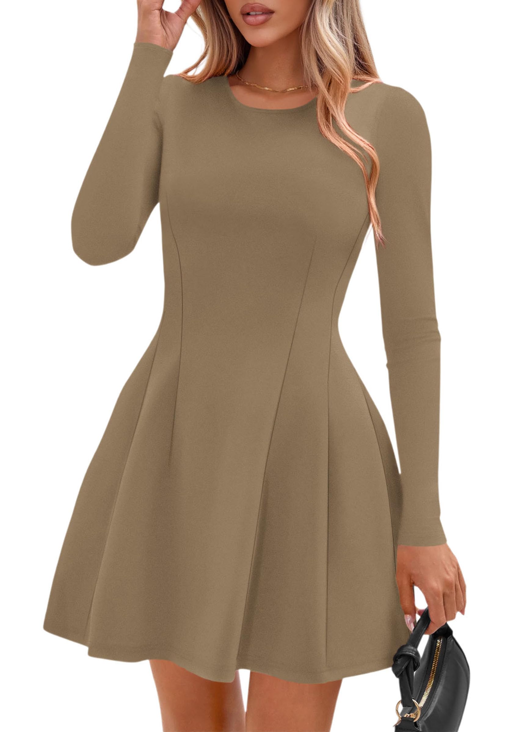Womens Long Sleeve Pleated Mini Dress,Khaki,XS