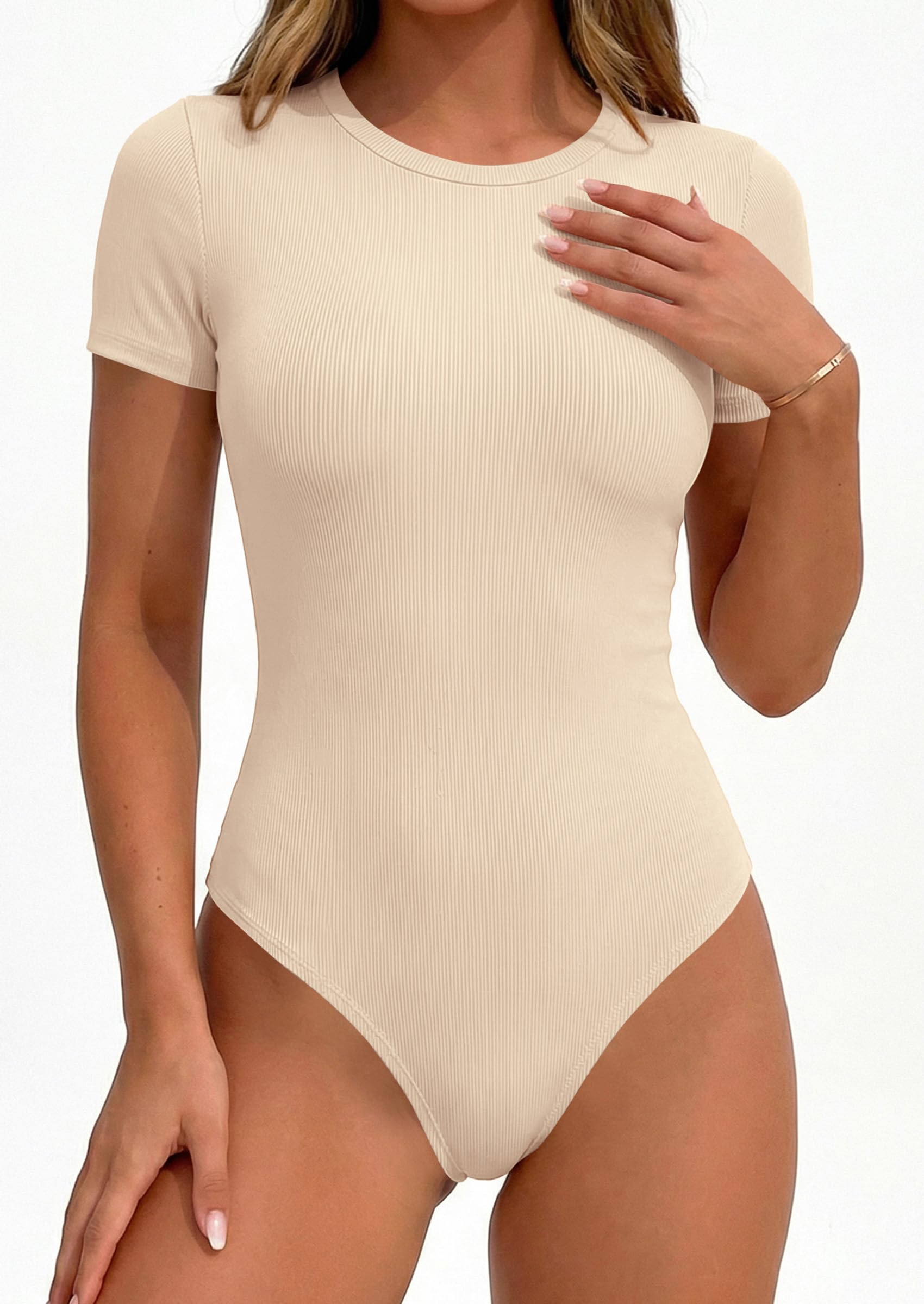 Body Suits for Womens Short Sleeve Summer Tops, Beige,XS