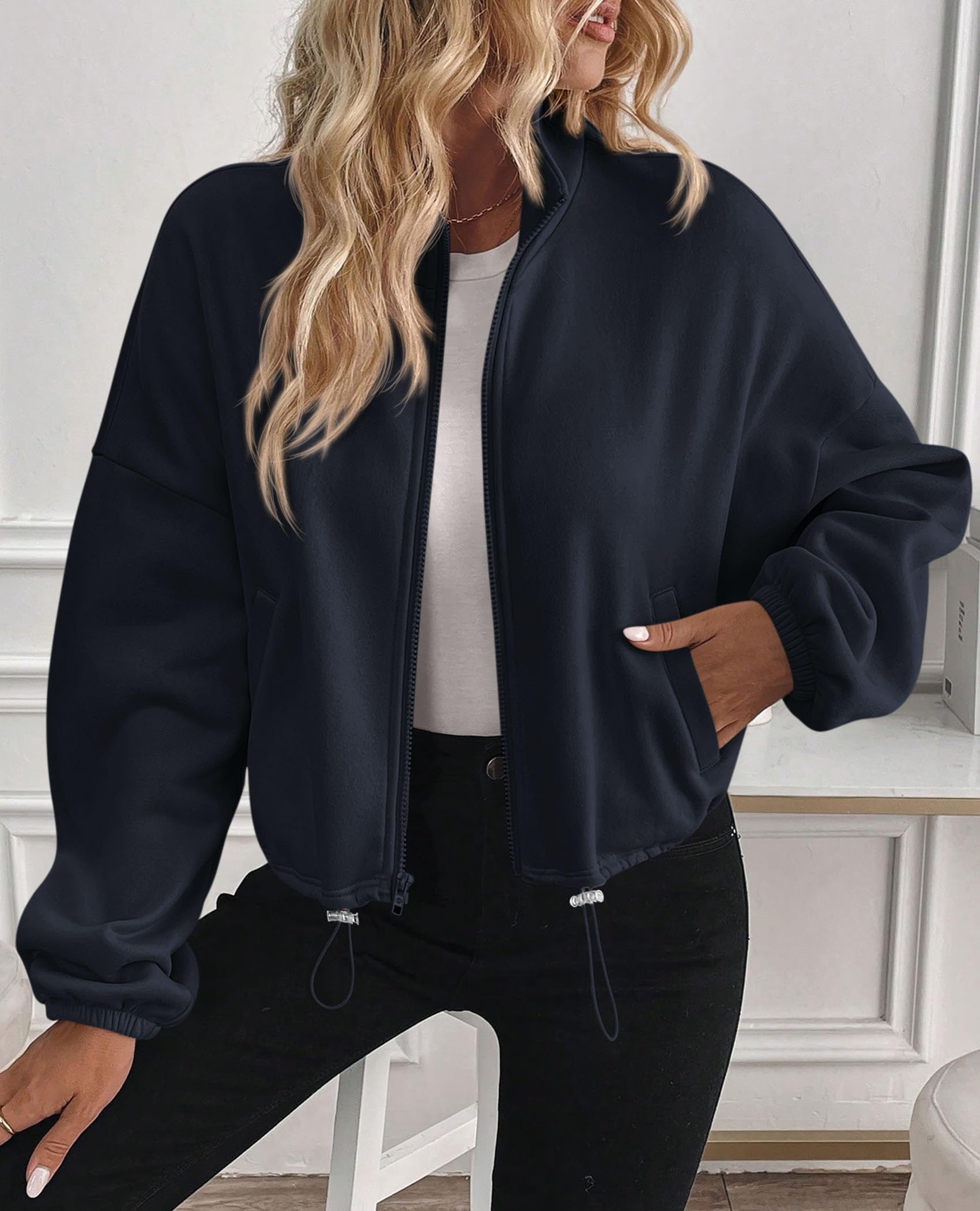 Women's Cropped Jacket Zip Up Fleece Sweatshirt Fall Outfits