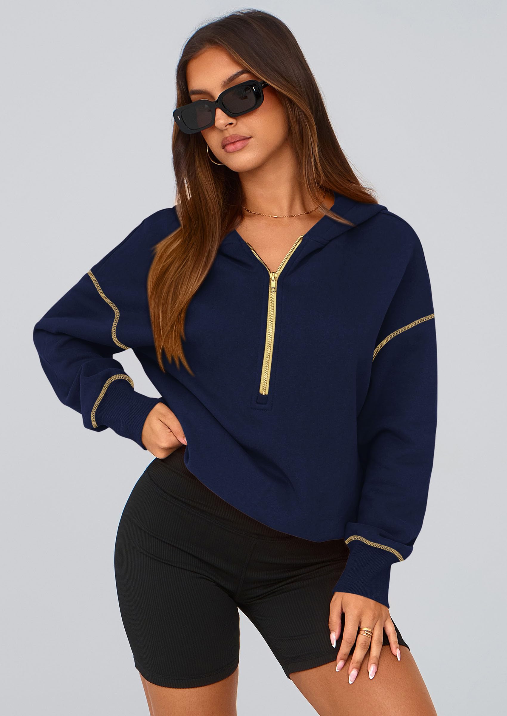 Women's Fall Half Zip Cropped Hoodie Sweatshirt Navy Blue