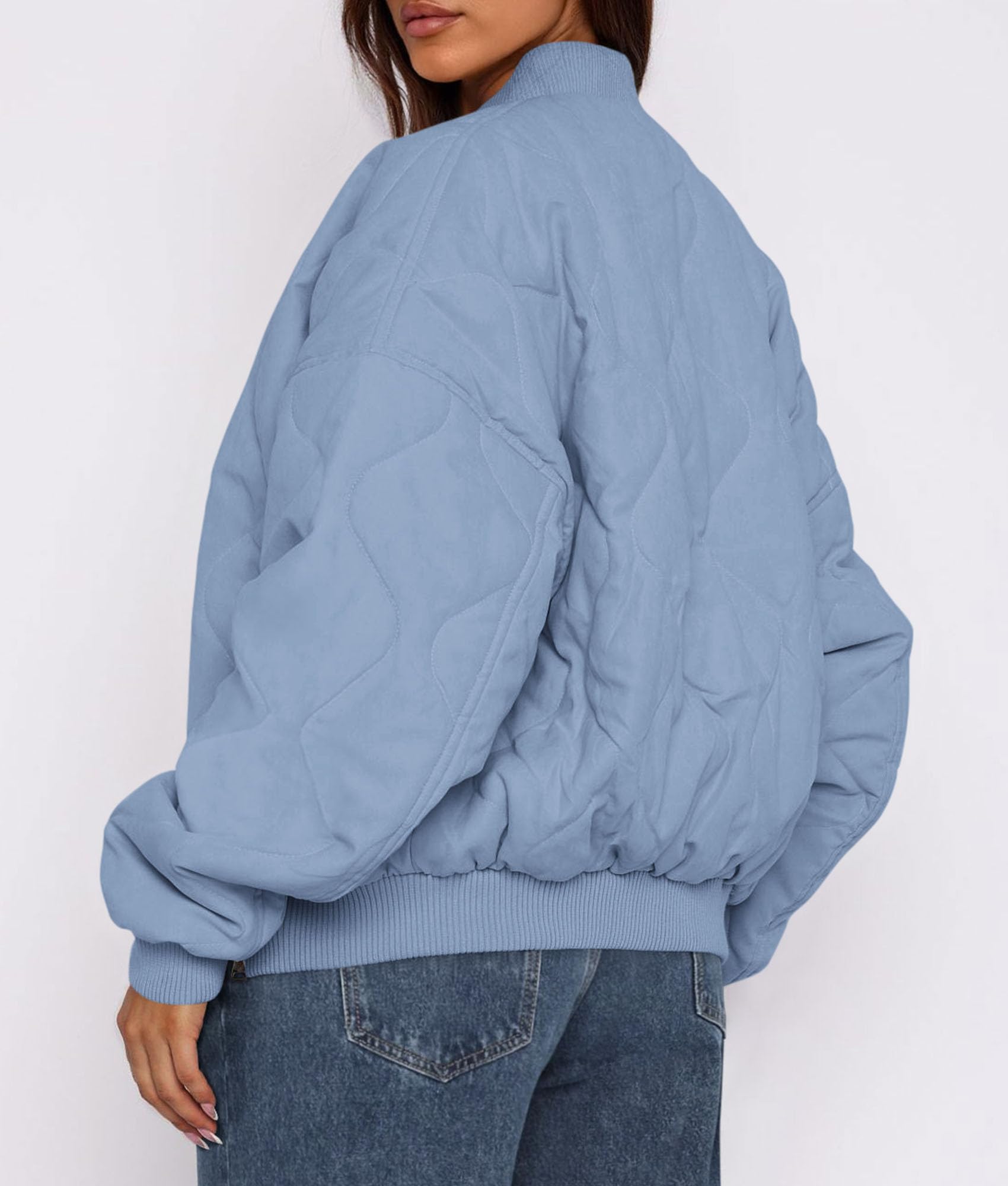 Women's Quilted Bomber Jacket Fall Fashion 2026 Lightweight Cropped Zip up Outerwear Winter Puffer Coats Pockets (Light Blue,Small)