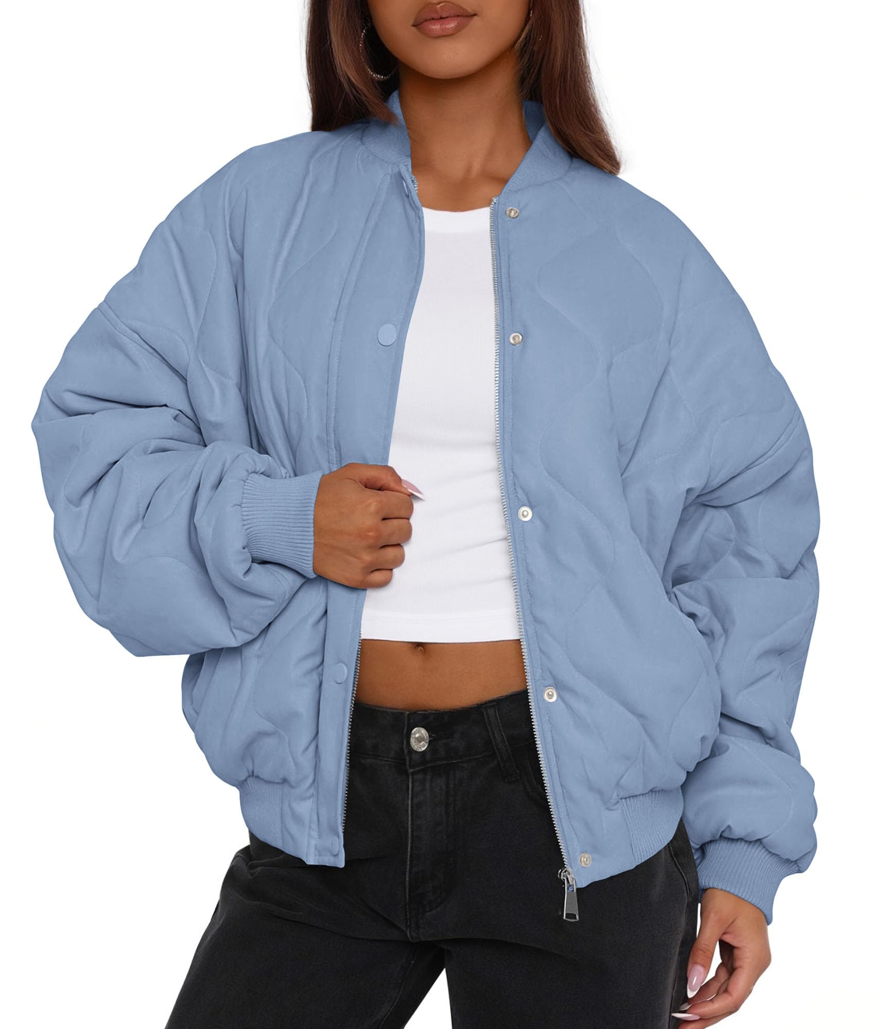 Women's Quilted Bomber Jacket Fall Fashion 2026 Lightweight Cropped Zip up Outerwear Winter Puffer Coats Pockets (Light Blue,Small)