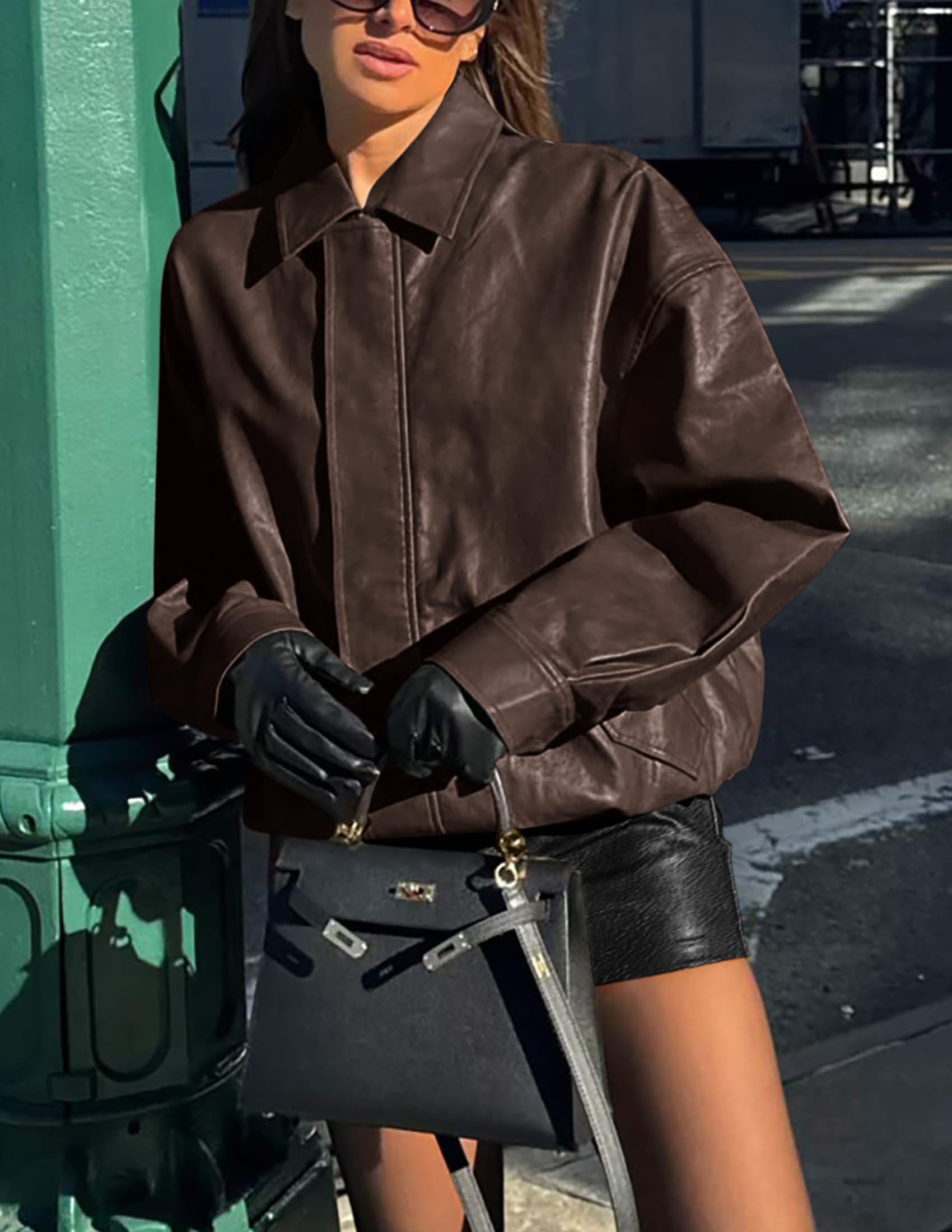 Women's Faux Leather Motorcycle Jackets(Dark Coffee,Medium)
