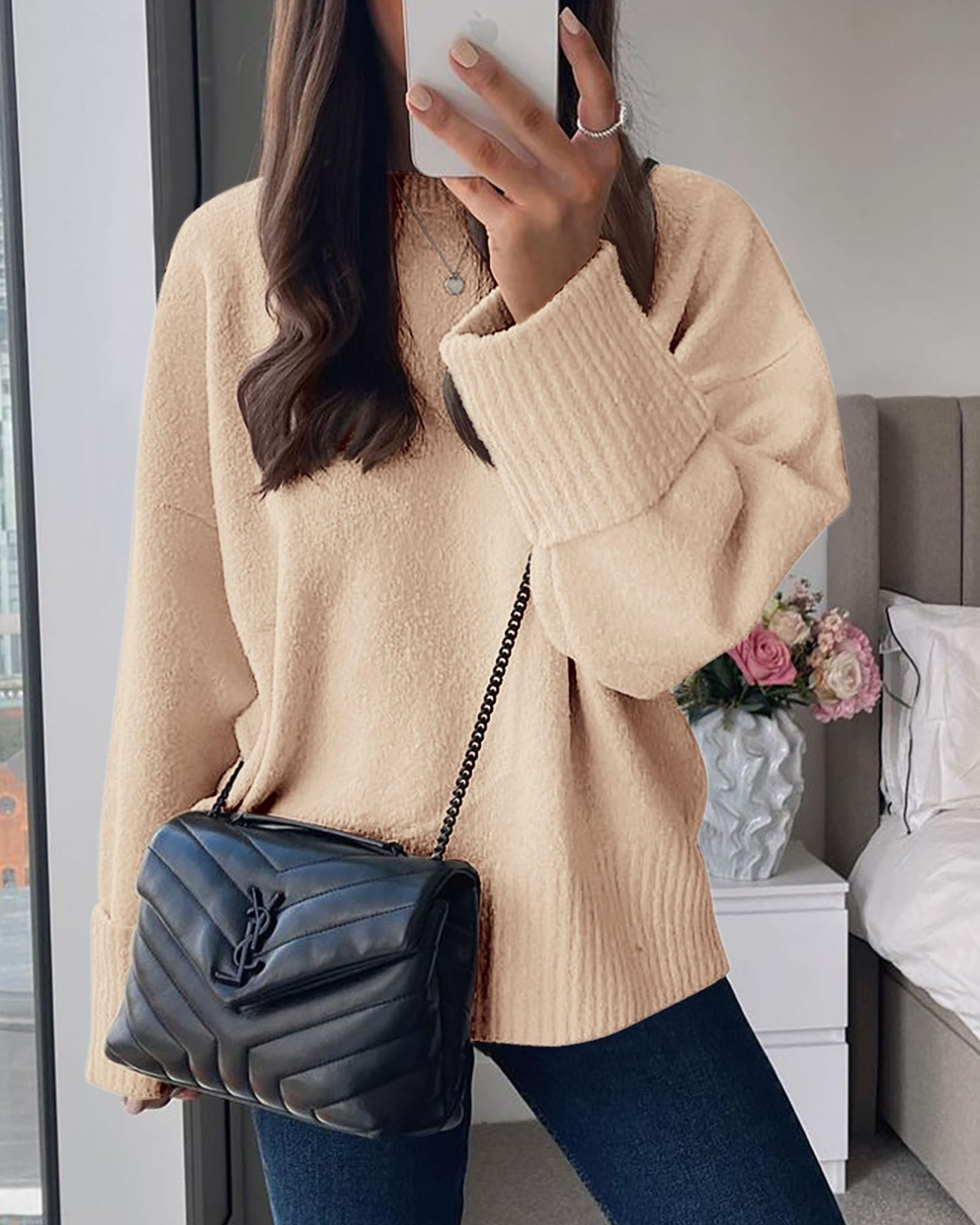 Women's Fall Fashion Cozy Oversized Sweaters(Apricot,XS)