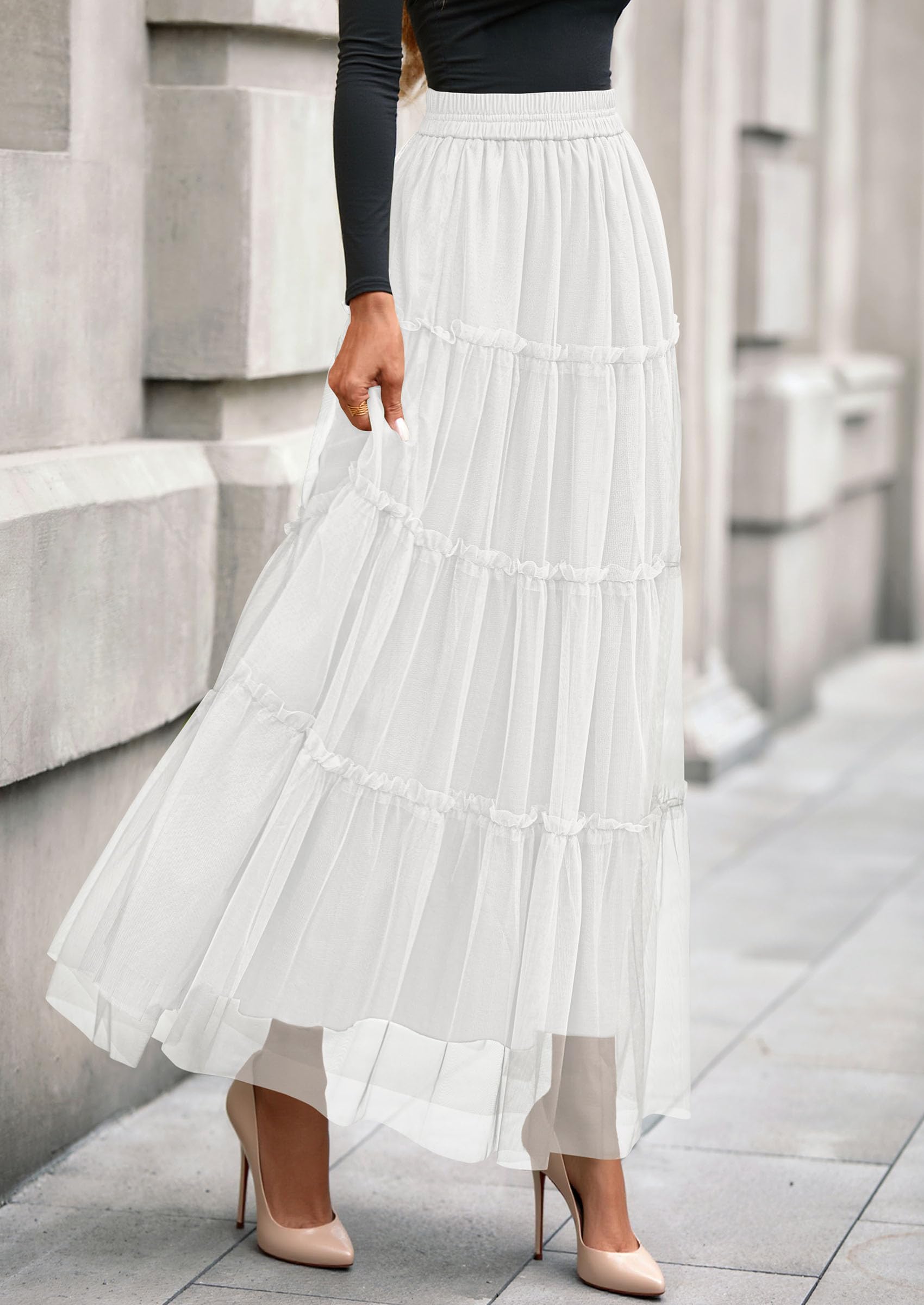 Women's Fall Soft Tulle Tiered Long Skirt,White,S