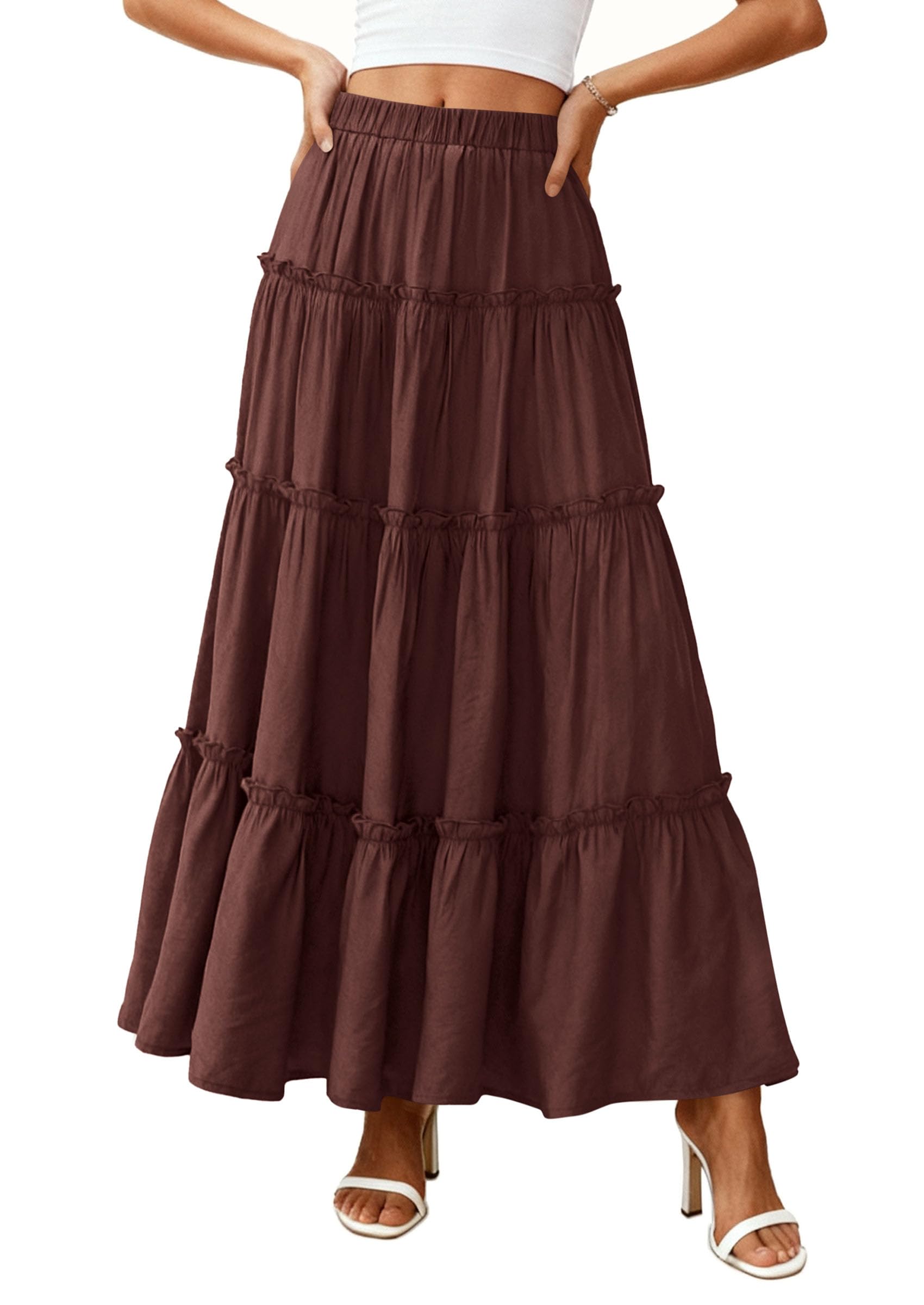 Women's Boho Tiered Ruffle Flowy Maxi Skirt, Dark Brown,S