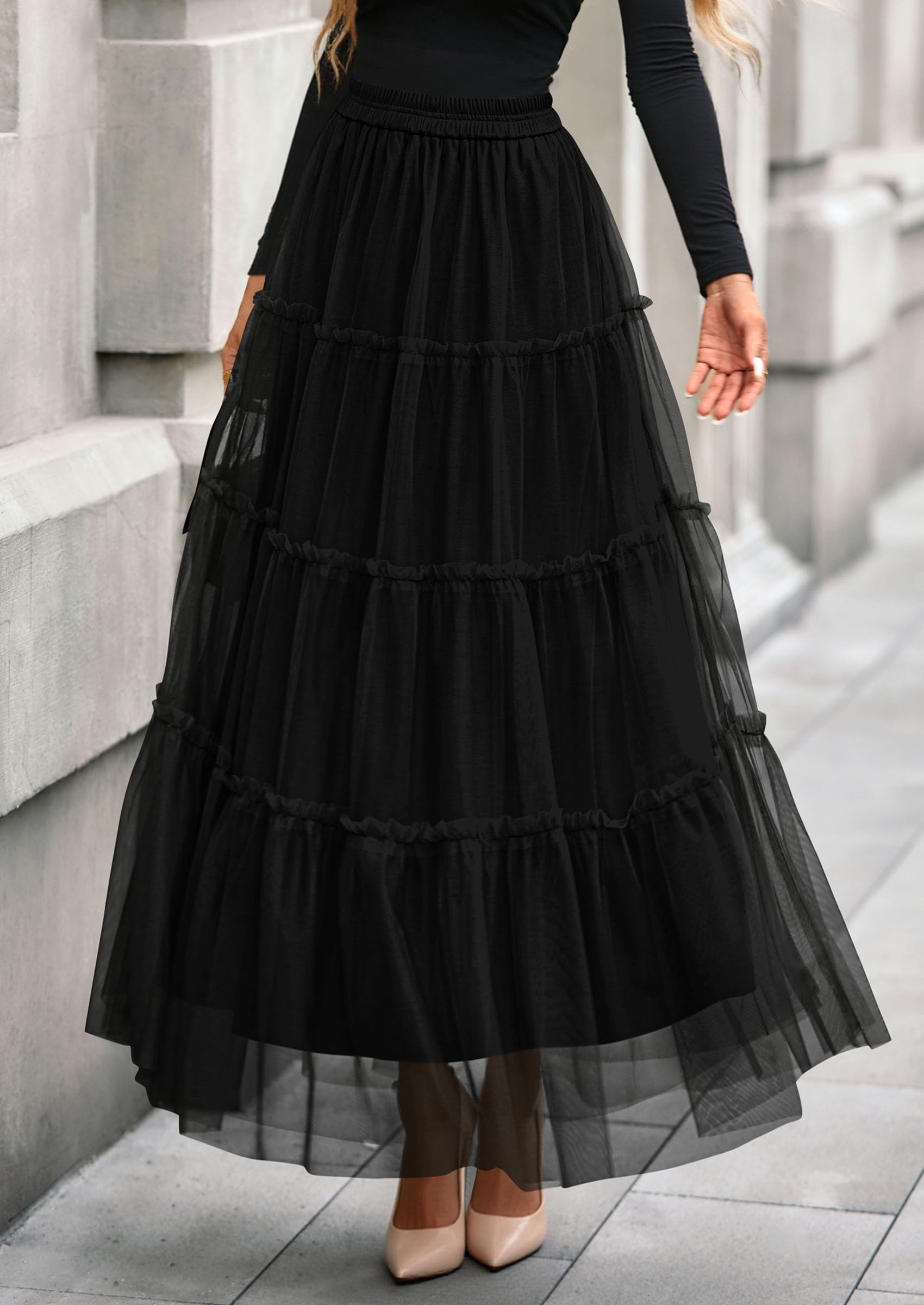 Women's Fall Soft Tulle Tiered Long Skirt,Black,S