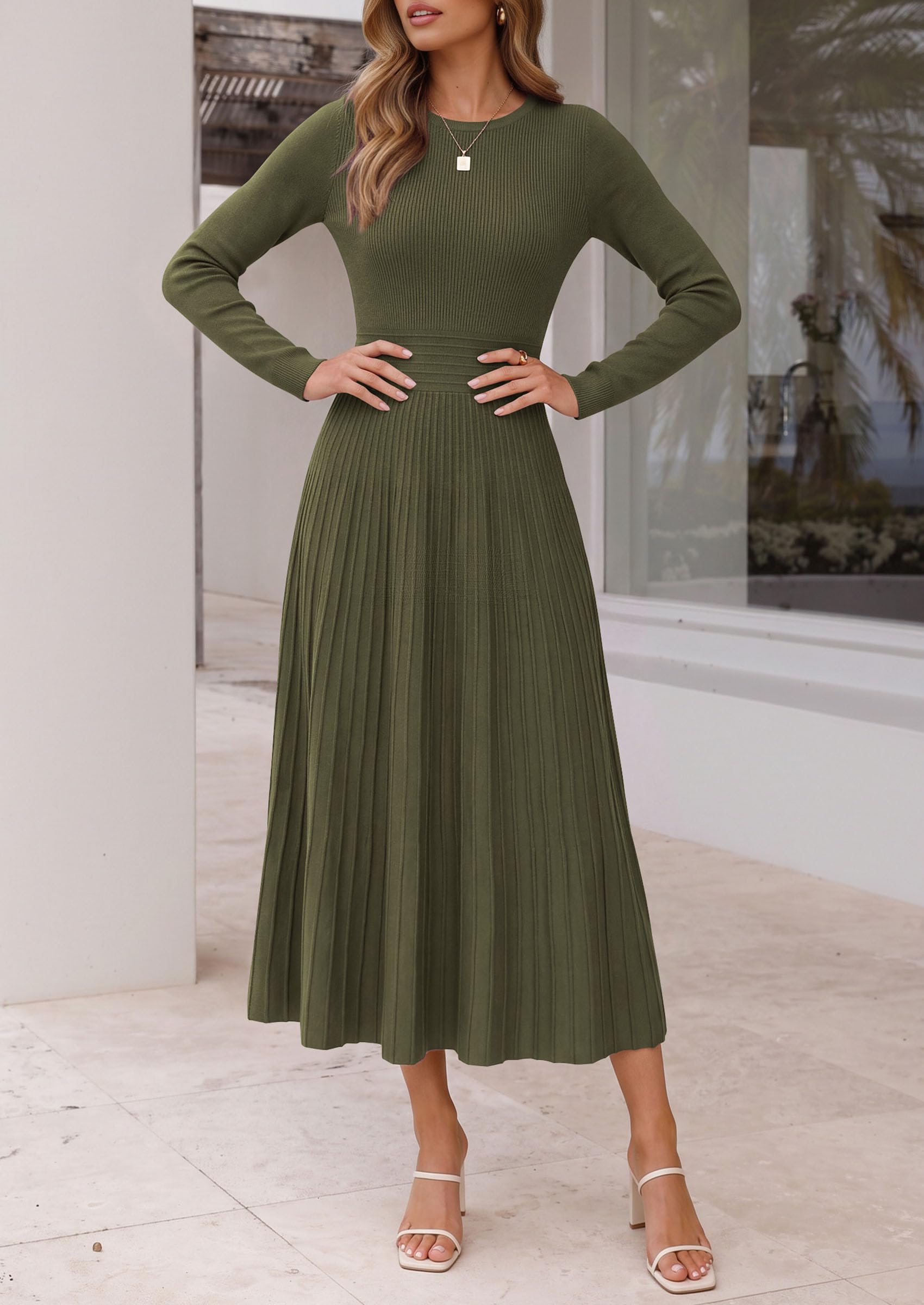 Women's Long Sleeve Knit Maxi Sweater Dress,Grey Green,S