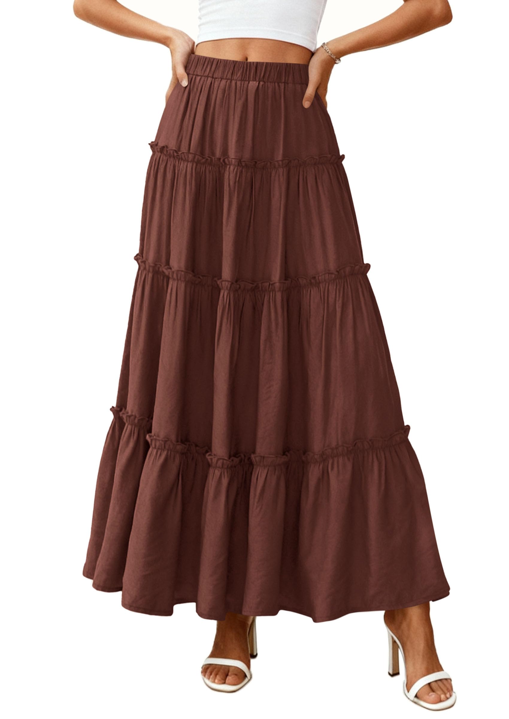 Women's Boho Tiered Ruffle Flowy Maxi Skirt, Brown,S
