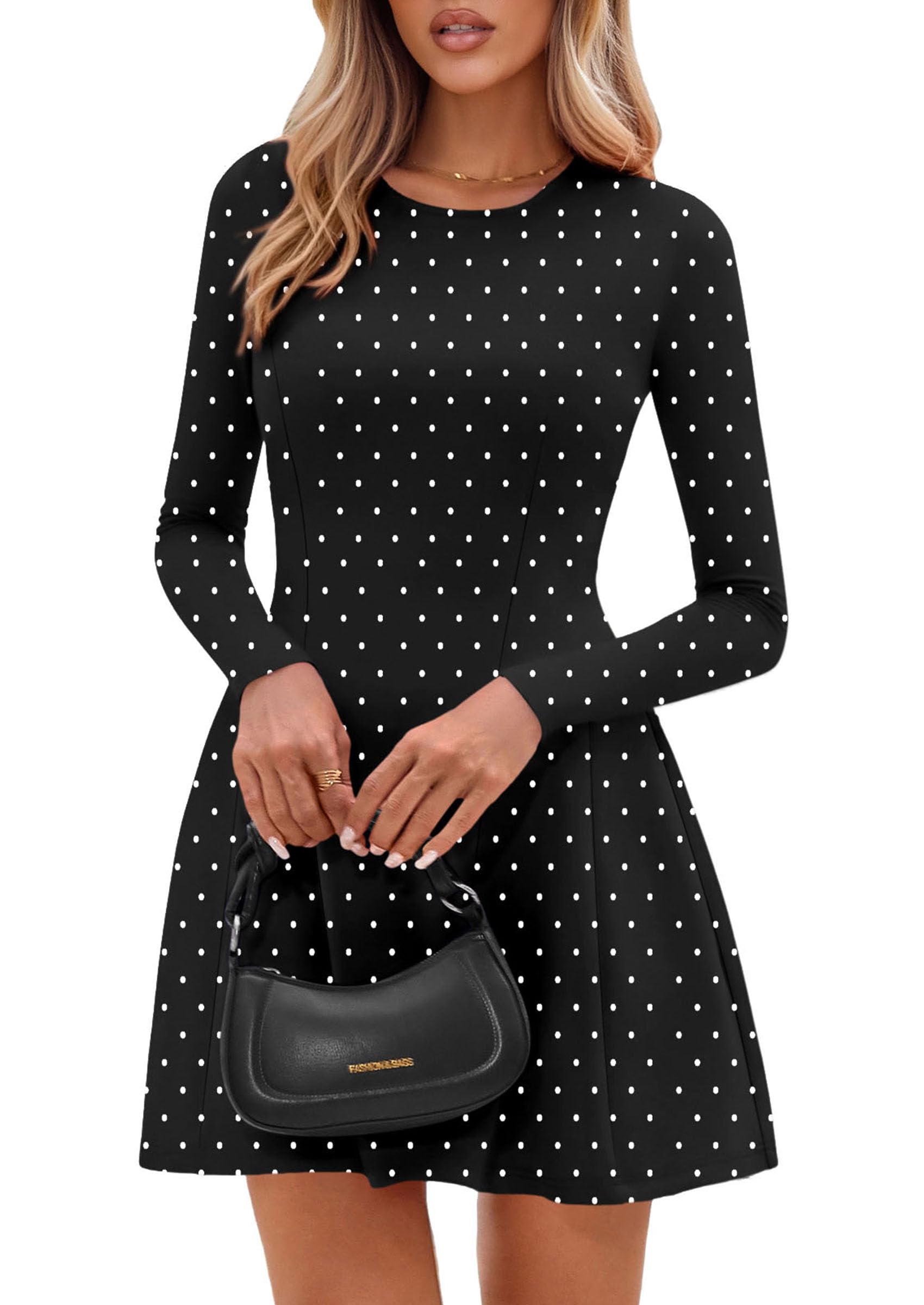 Womens Long Sleeve Pleated Mini Dress,Dot Black White,XS