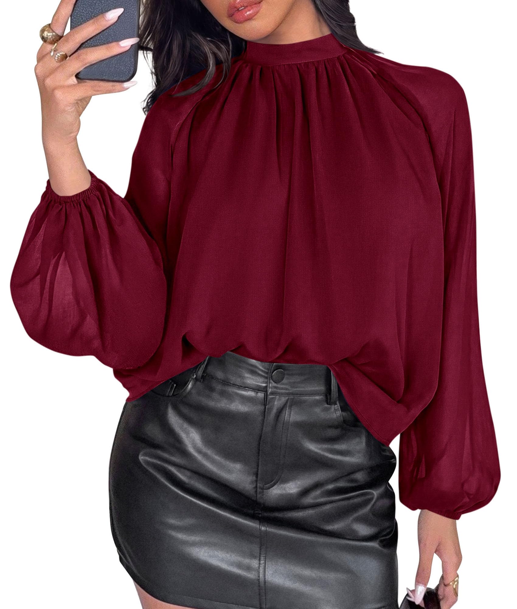 Chiffon Blouses for Women Dressy Casual Mock Neck Tops