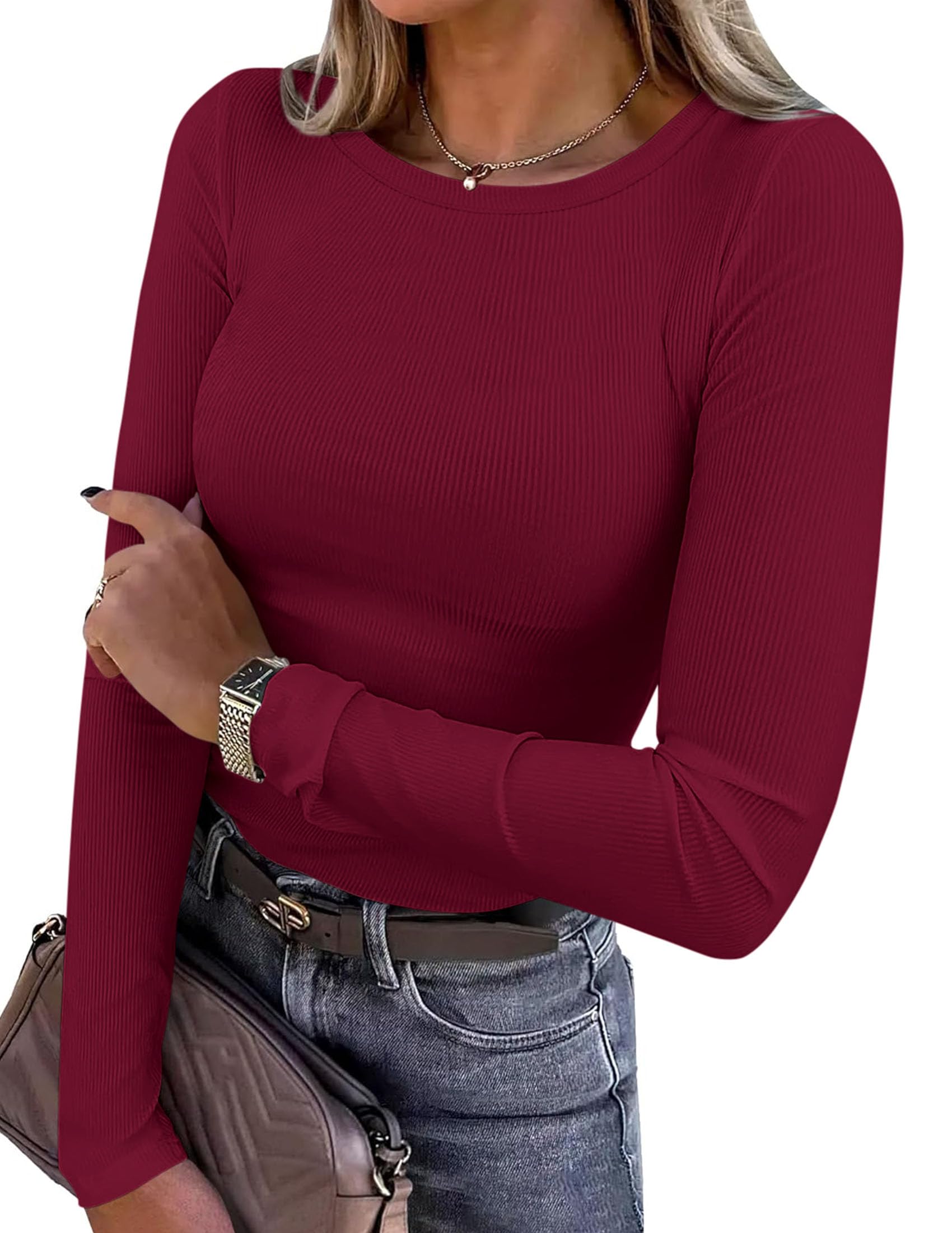 Women's Fall Long Sleeve Shirts Basic Tees (Burgundy,XS)