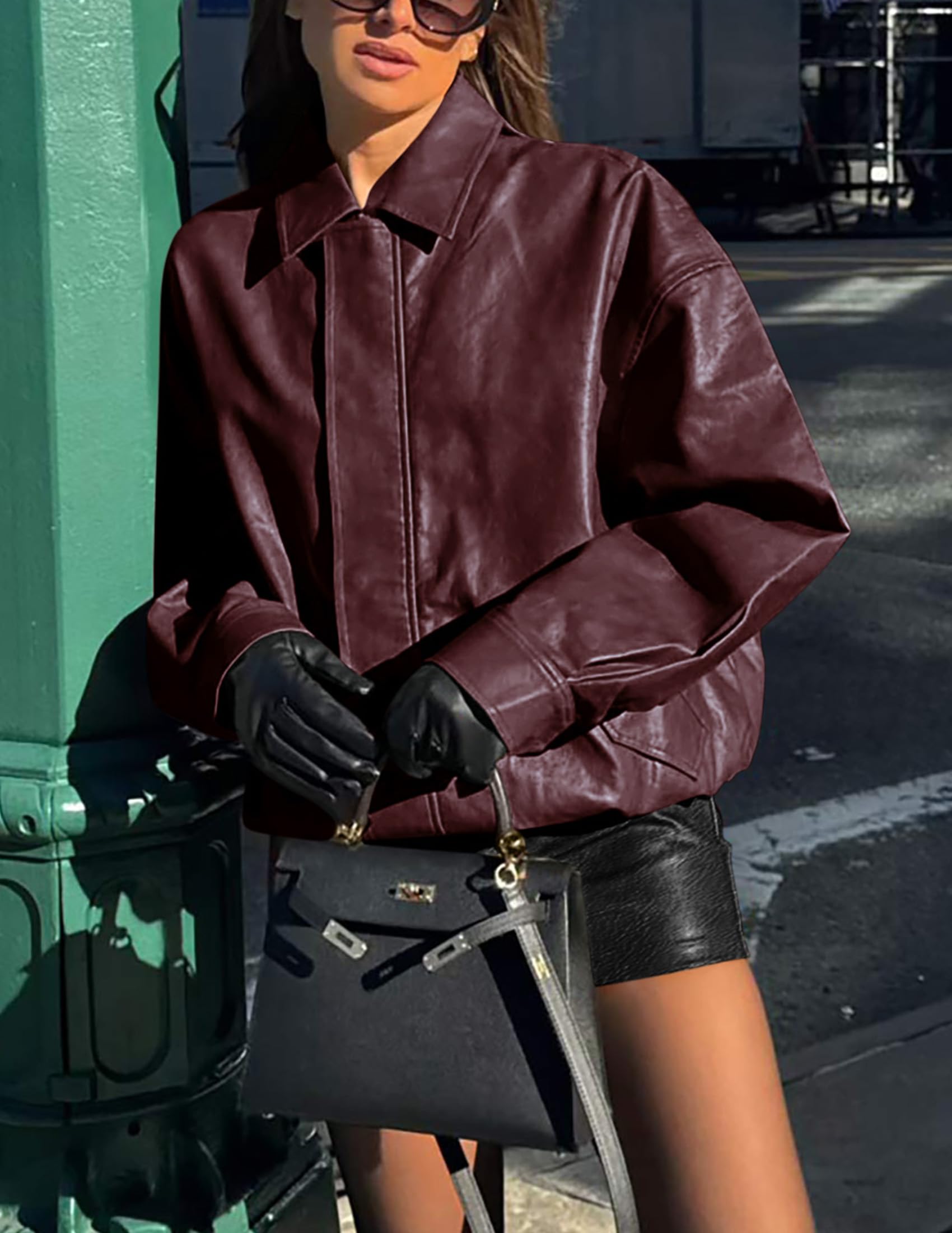 Women's Faux Leather Motorcycle Jackets(Wine Red,X-Small)