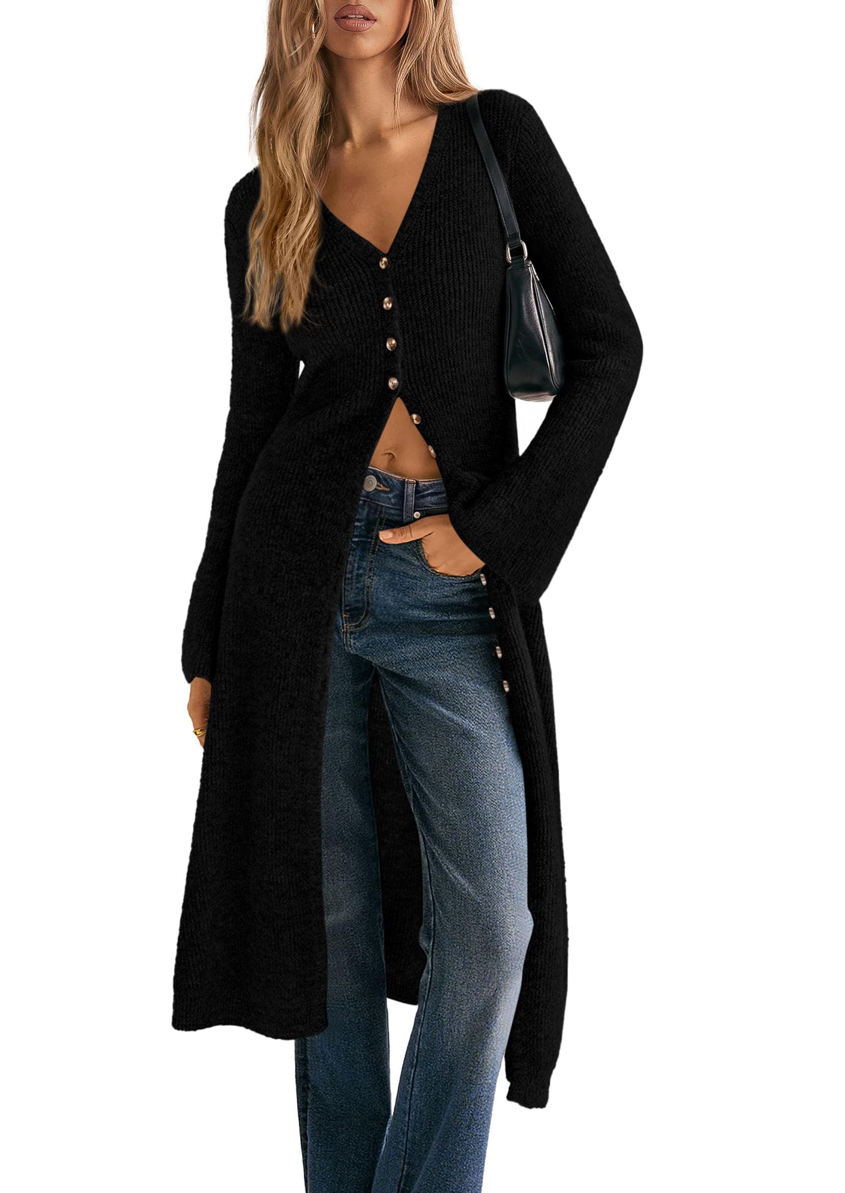 Women Long Cardigan Bell Sleeve Sweater Dress (Black,S)