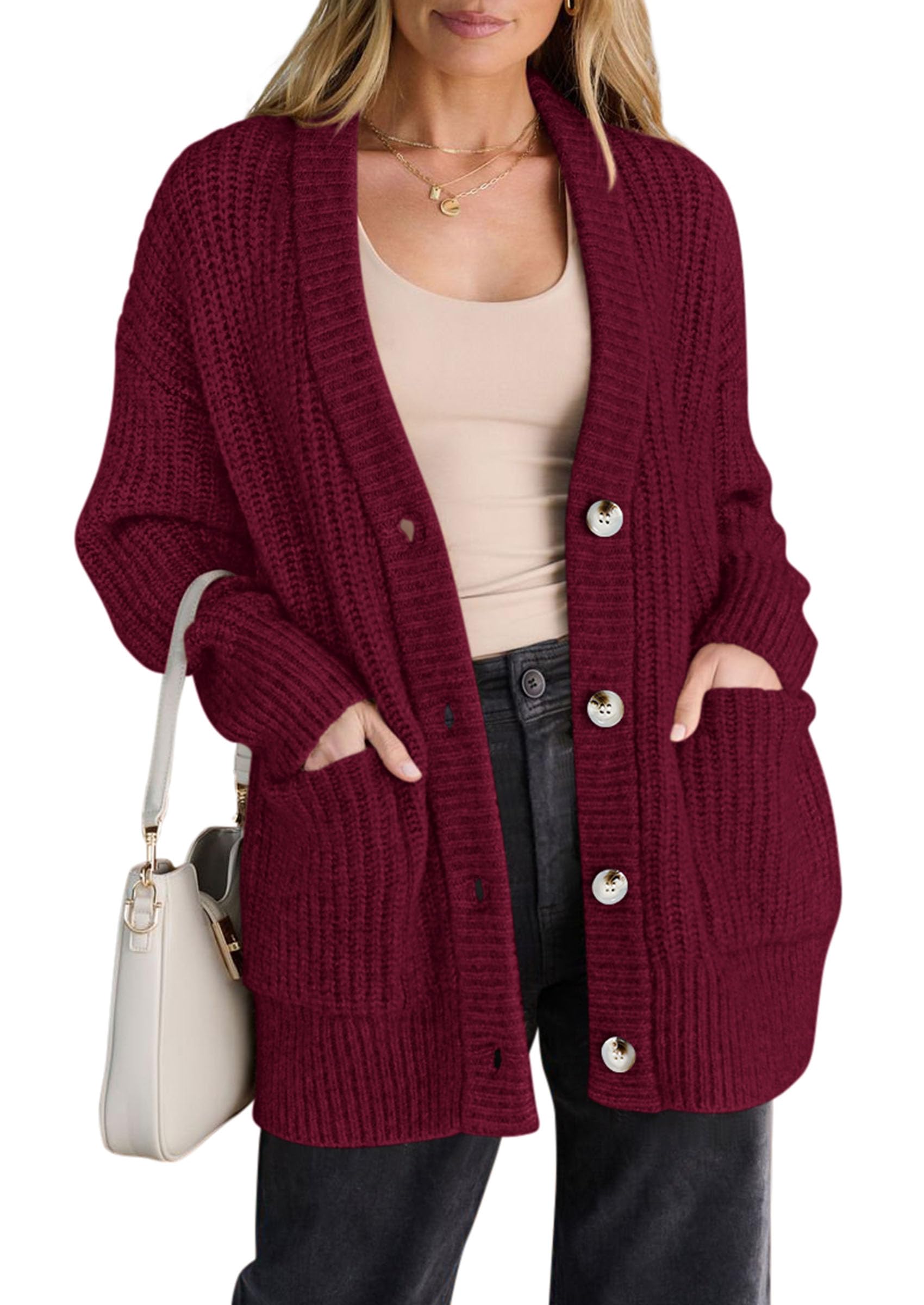 Oversized Cardigan Sweaters for Women Button Up,Burgundy,S