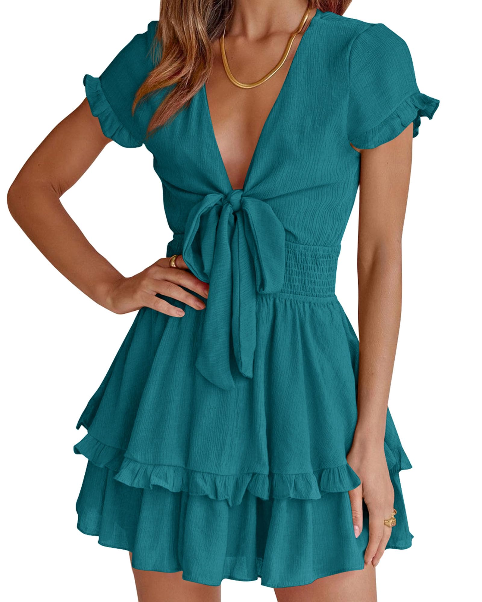 Women's Boho Floral Mini Tiered Bow Dress, Lake Blue,S
