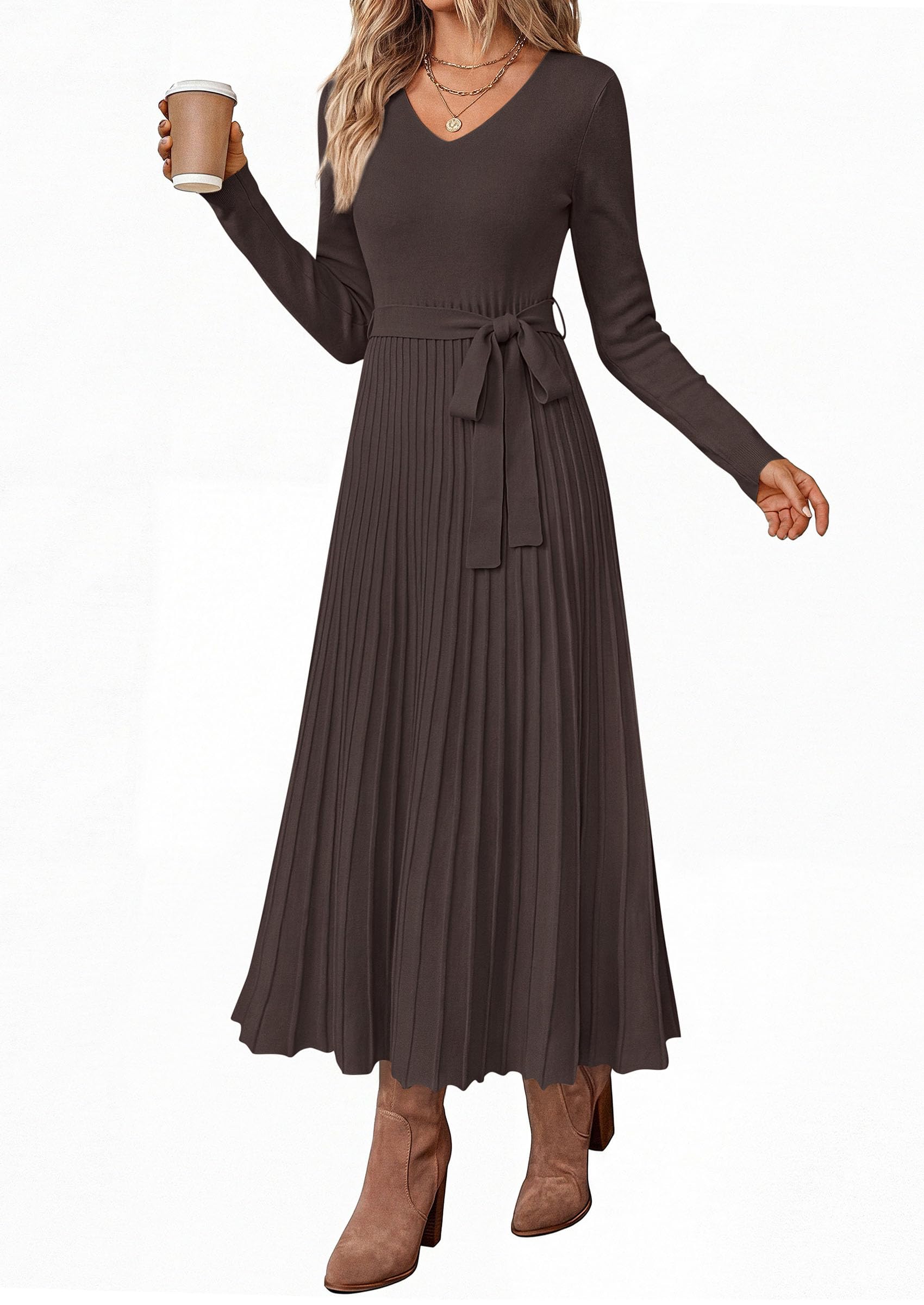 Womens Fall Maxi Long Sleeve Sweater Dress,Brown,S