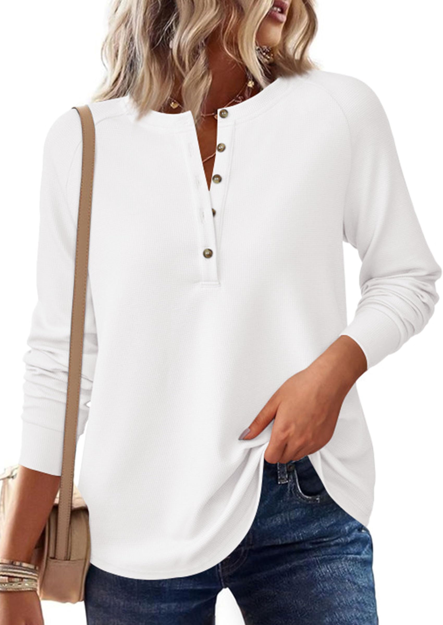 Women's Long Sleeve Waffle Knit Henley Shirts Loose Tunic Tops