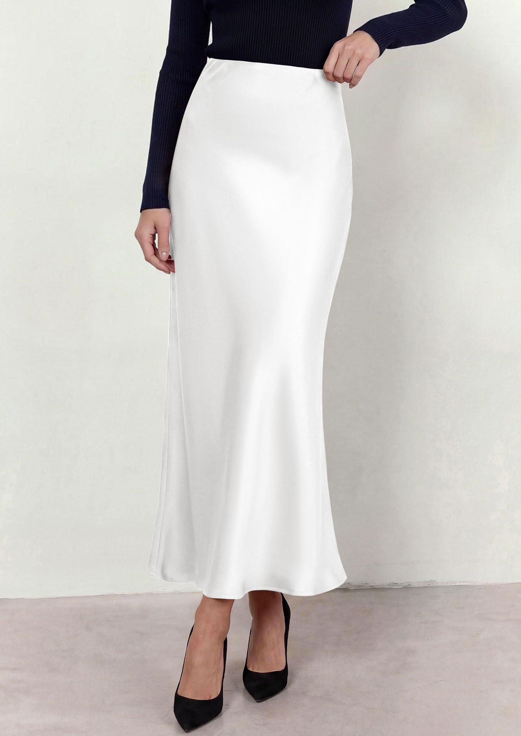 Women's Silk Satin Maxi Skirts Fall Clothes (White,S)