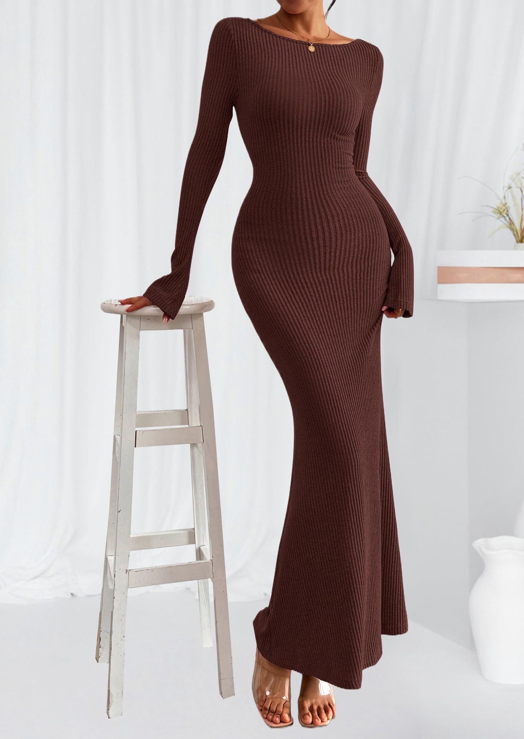 Women's Fall Long Sleeve Bodycon Maxi Dresses (Coffee,XS)
