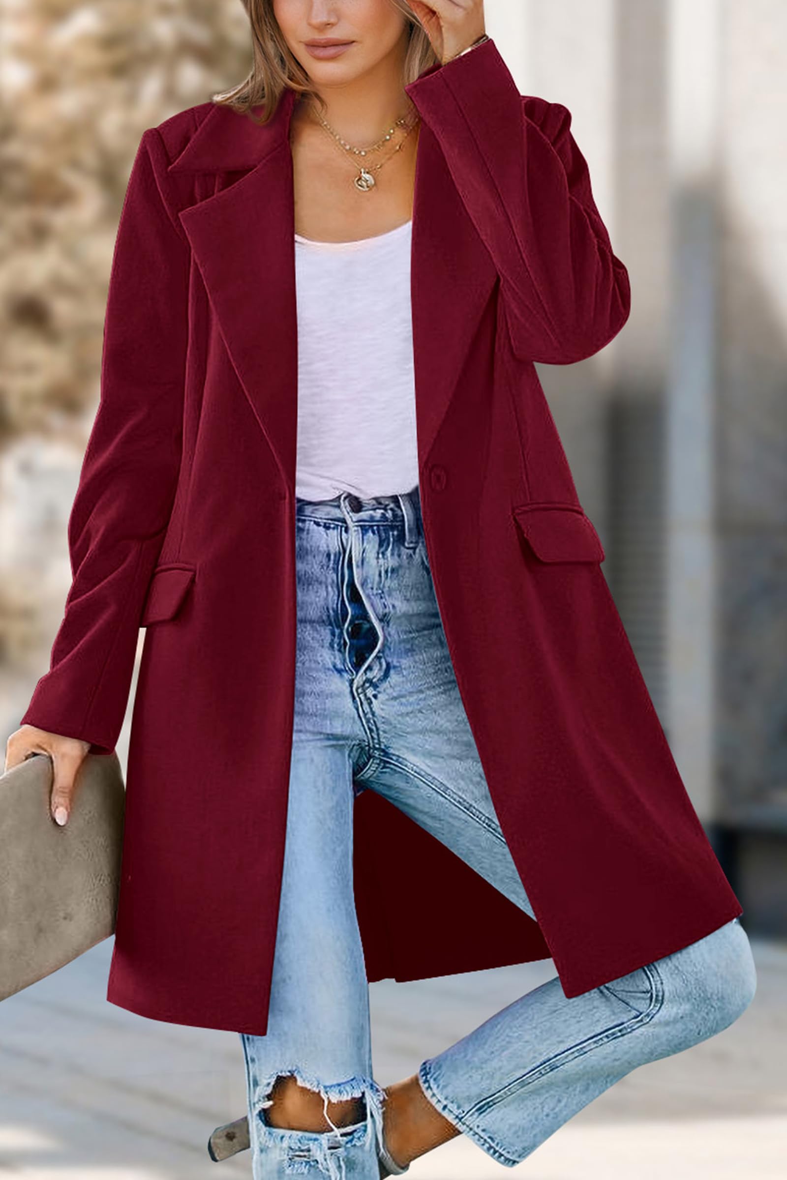 Women's Business Casual Long Blazer Jackets(Wine Red,S)