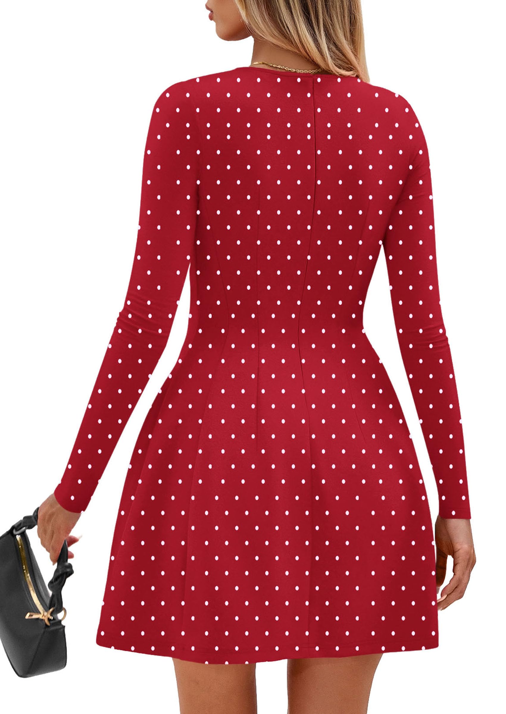 Womens Long Sleeve Pleated Mini Dress,Dot Red White,XS