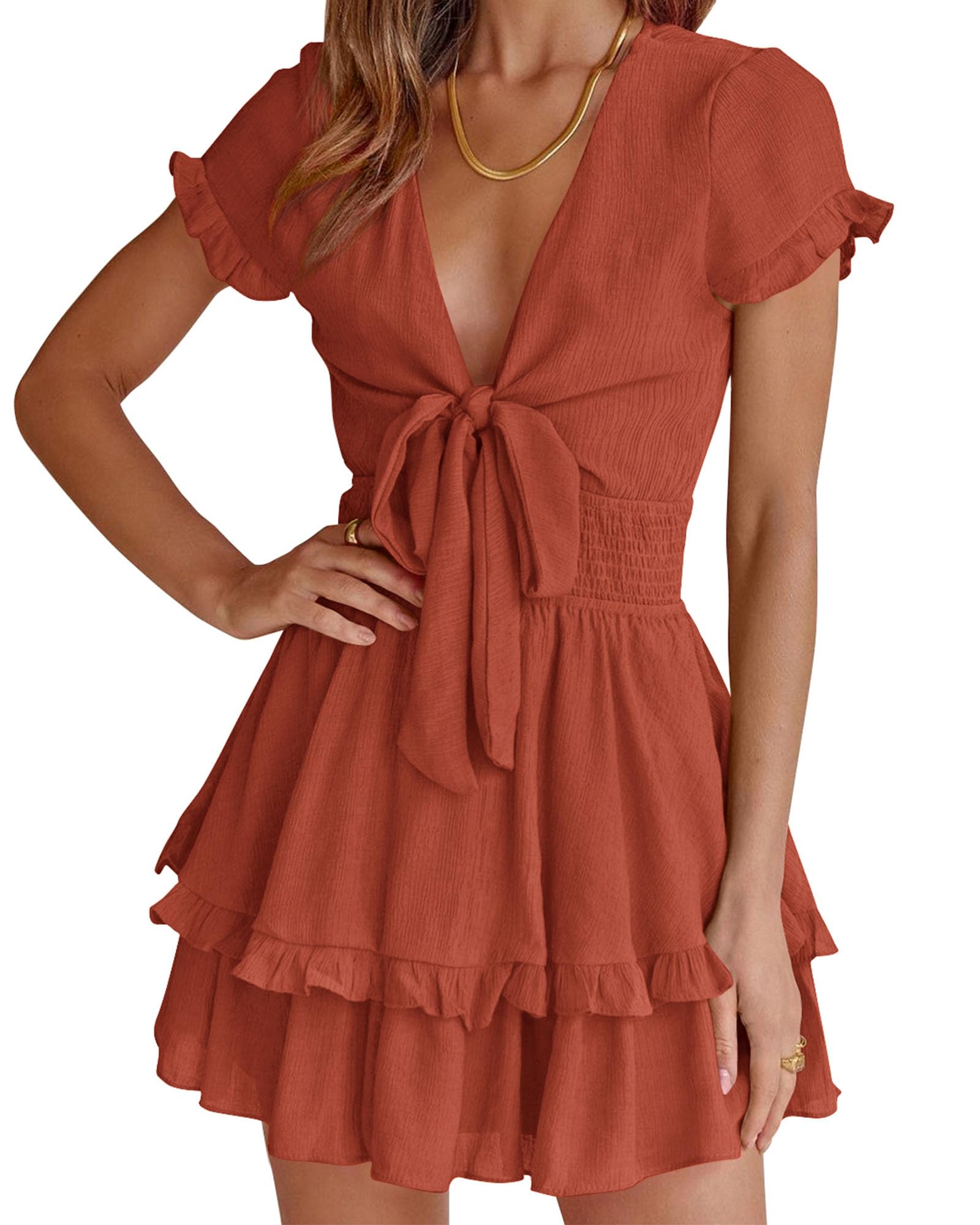 Women's Boho Floral Mini Tiered Bow Dress, Rust Red,S
