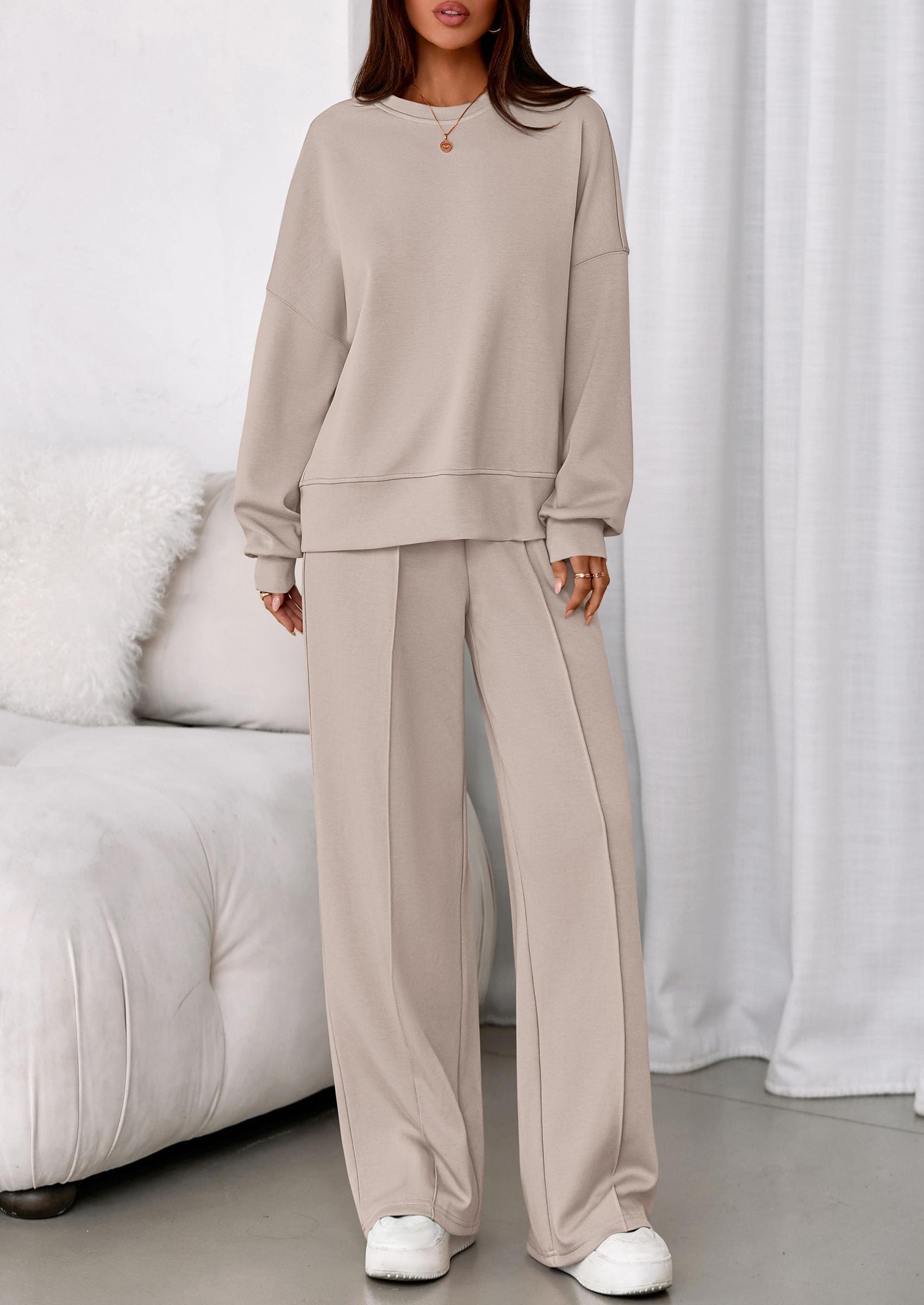 Womens Long Sleeve Sweatshirt 2 Piece Sets,Apricot,S