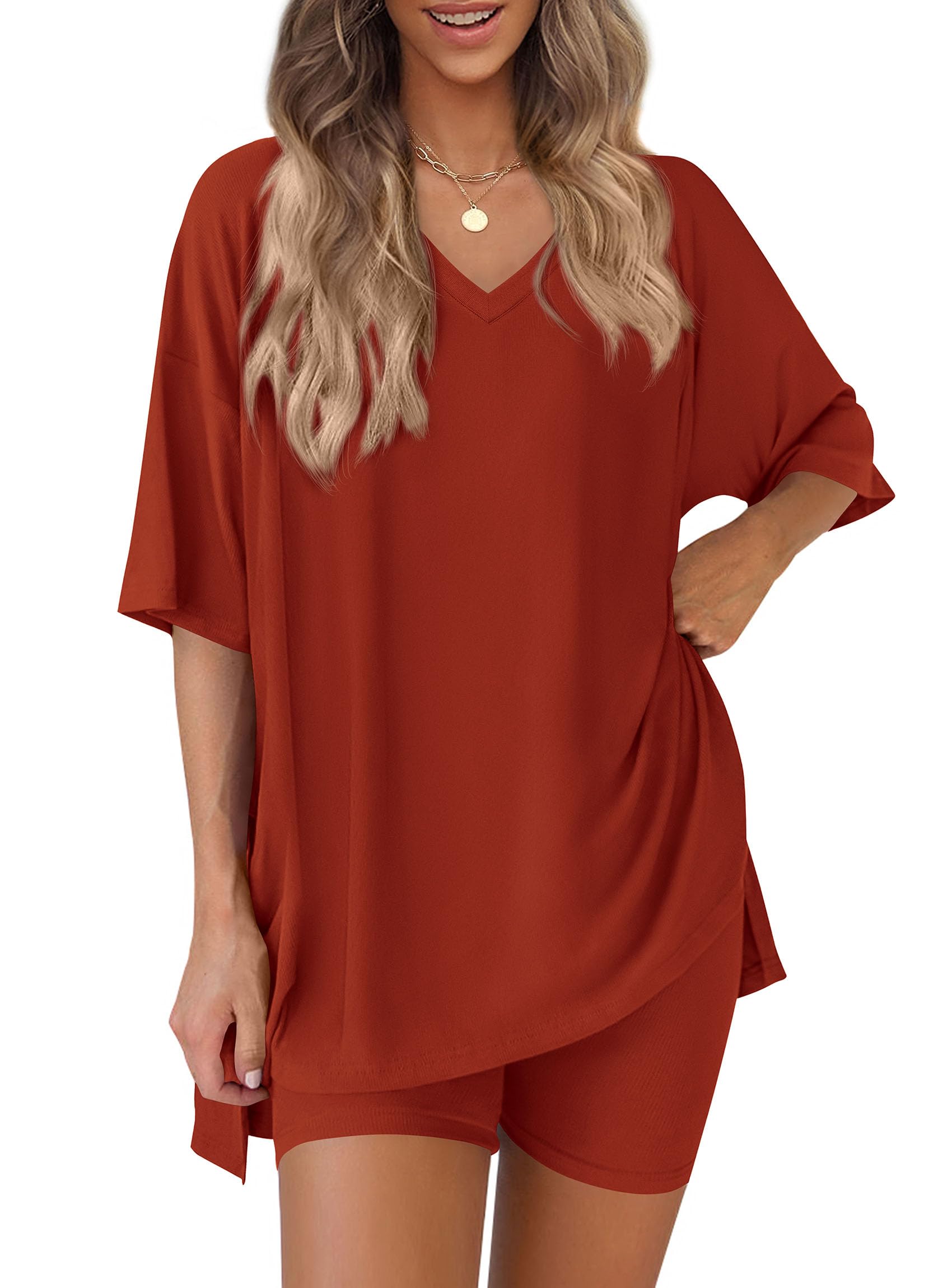 Womens 2 Piece Outfit Lounge Short Sets,Brick Red,S