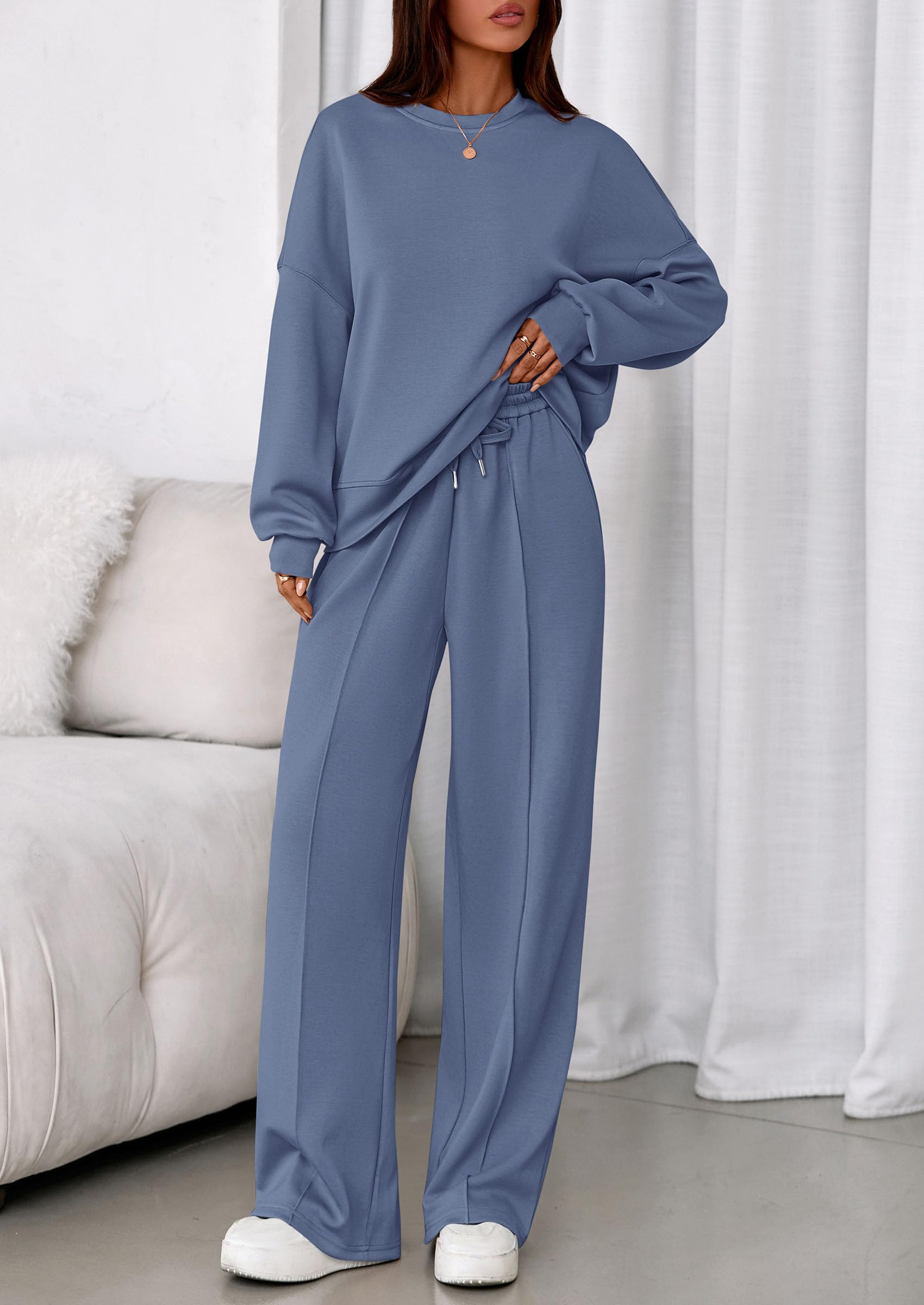 Womens Long Sleeve Sweatshirt 2 Piece Sets,Grey Blue,L