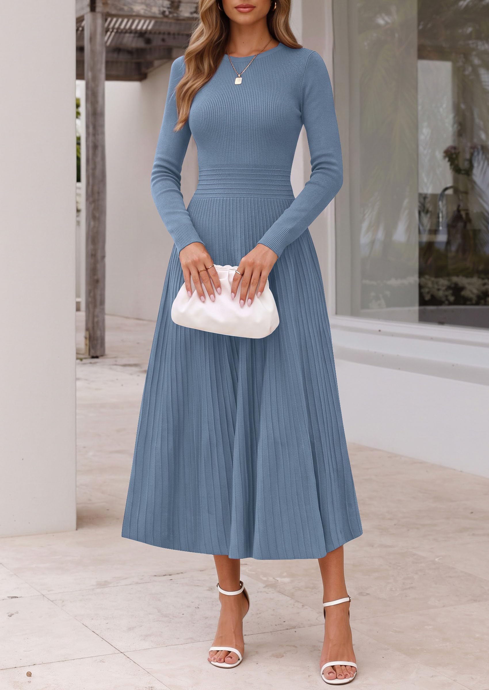 Women's Long Sleeve Knit Maxi Sweater Dress,Grey Blue,S