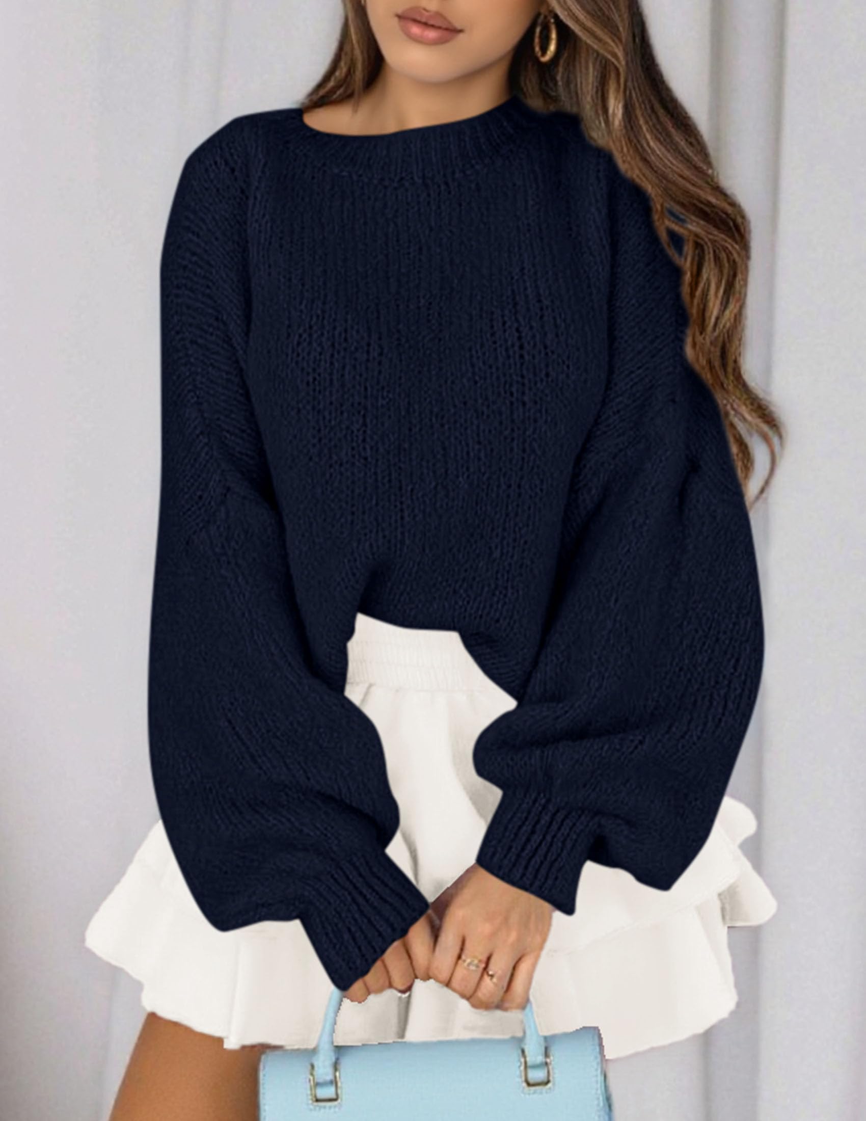 Women's Chunky Knit Oversized Pullover Sweaters,Navy Blue,S