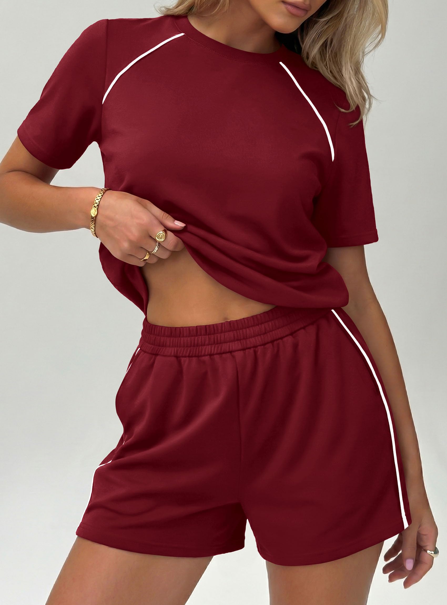 Womens 2 Piece Short Sets Casual Summer Outfits, Burgundy,S