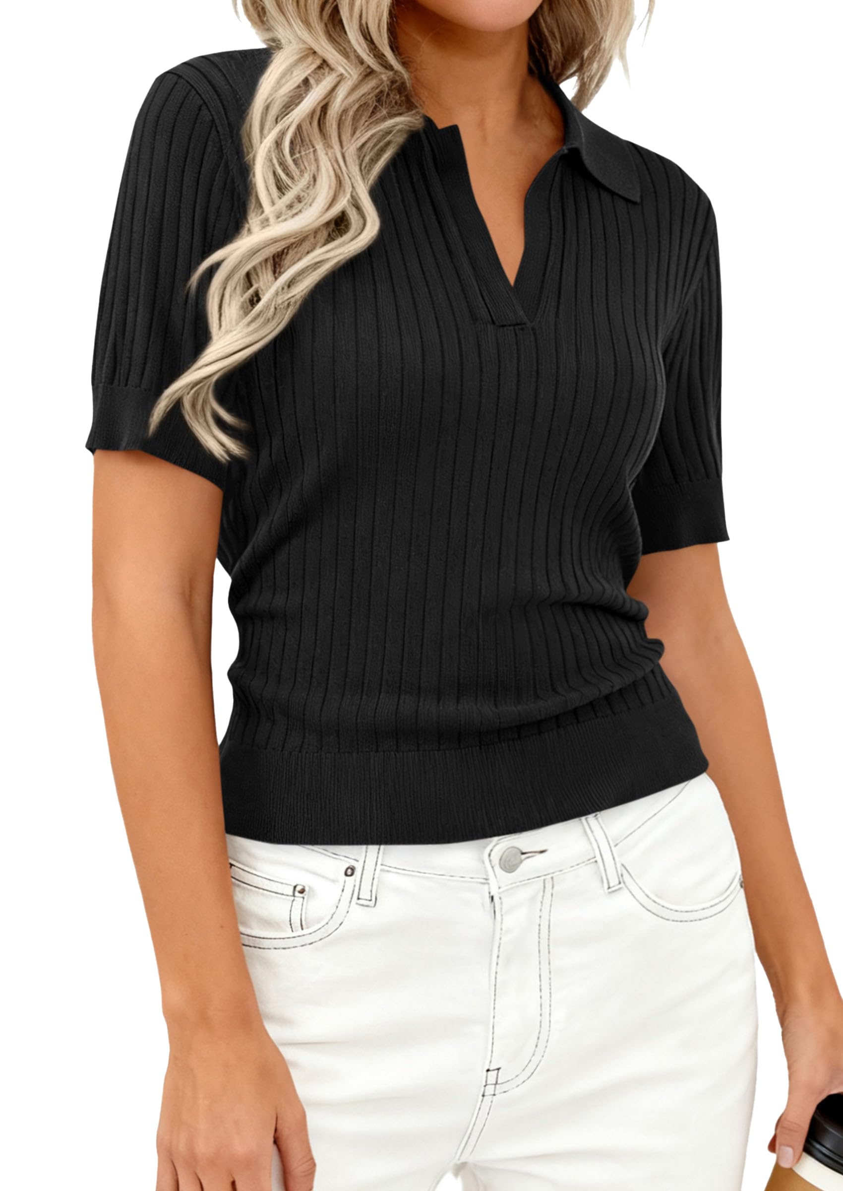 Women's Short Sleeve Sweater Polo Shirts,Black,XS