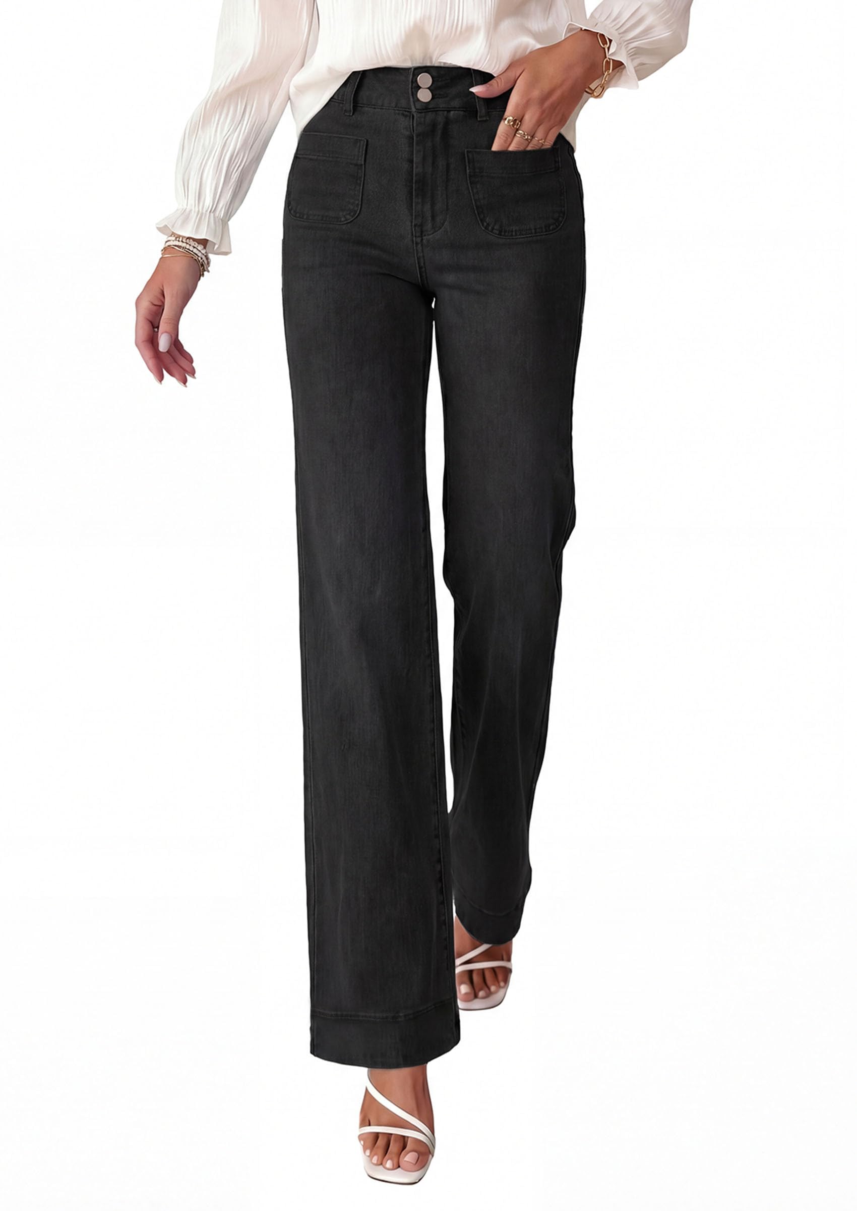 Womens Wide Leg High Waisted Trendy Jeans,Black,4