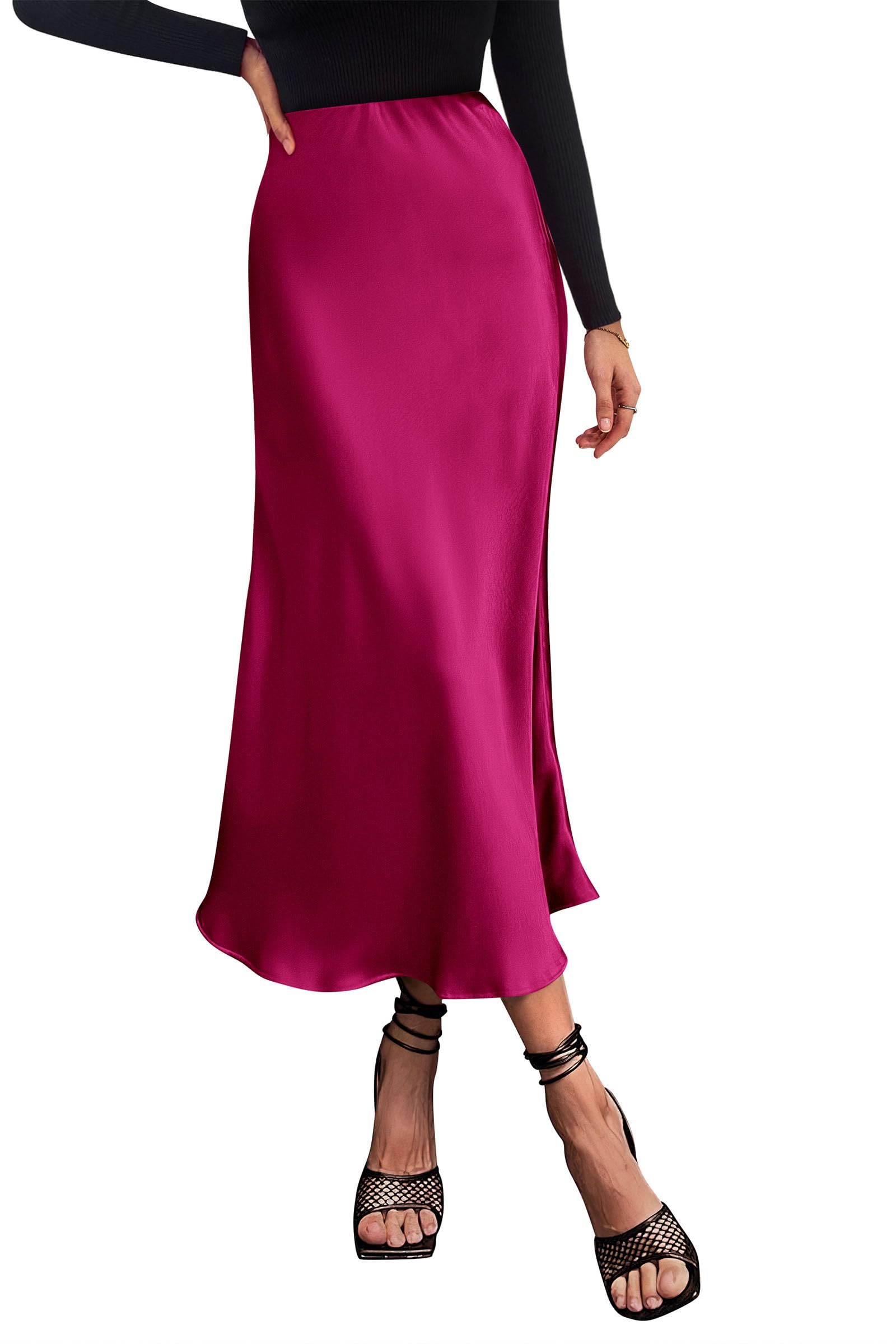 Women's Satin Midi Skirts Dressy Casual,Rose Red,S