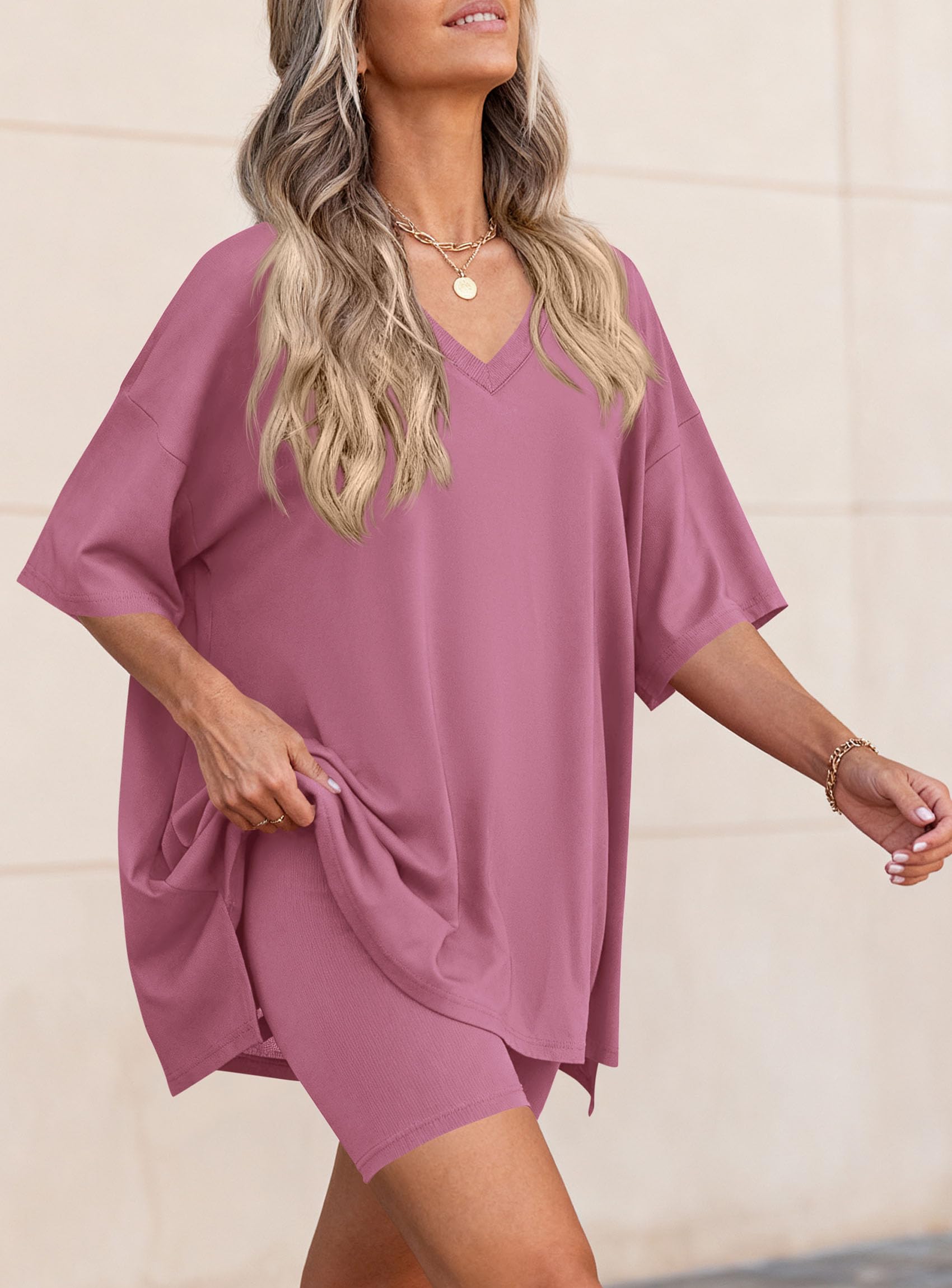 Womens 2 Piece Outfit Lounge Short Sets,Pink,S