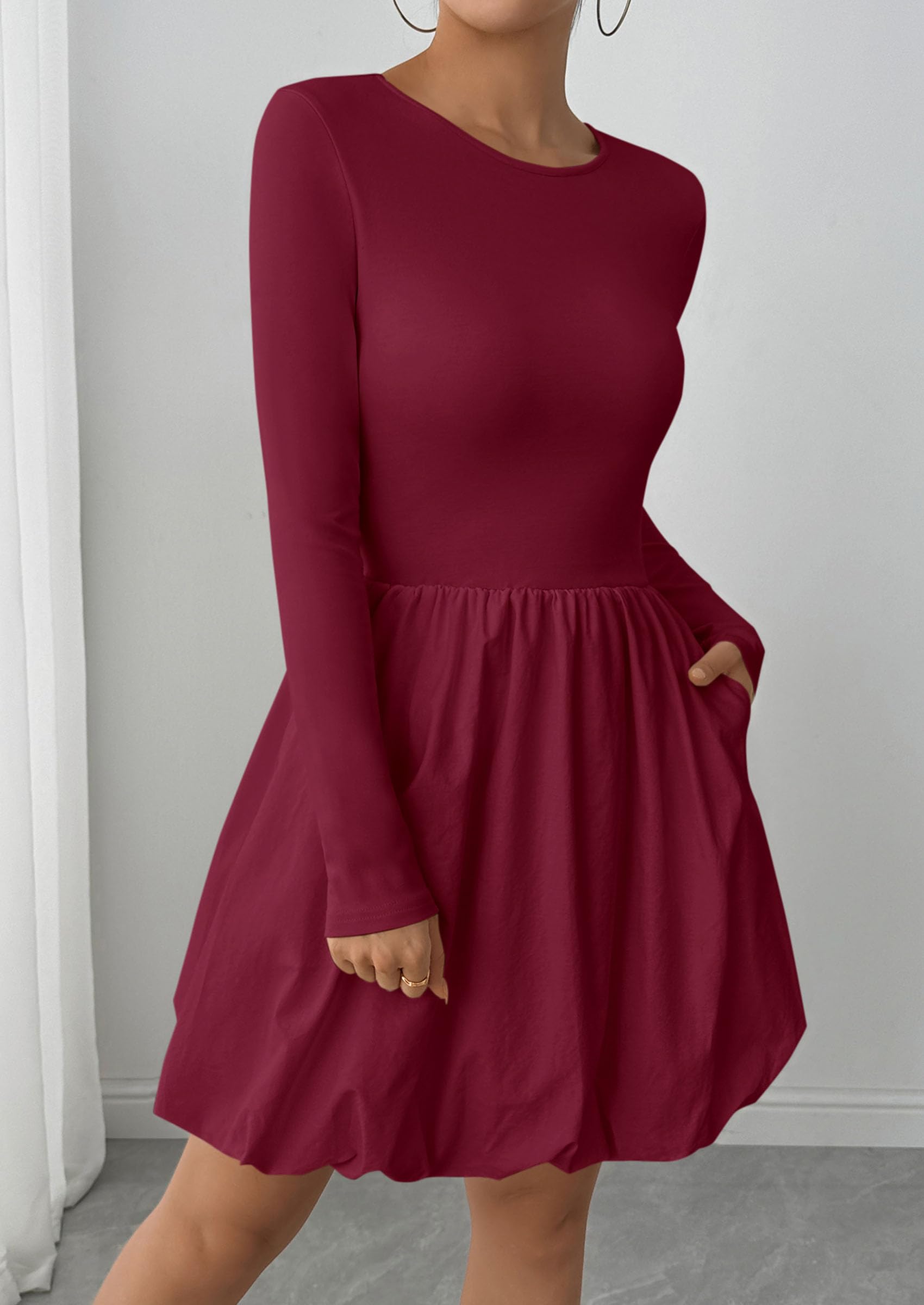 Fall Dresses for Women 2026 Bubble Mini Dress,Wine Red,S