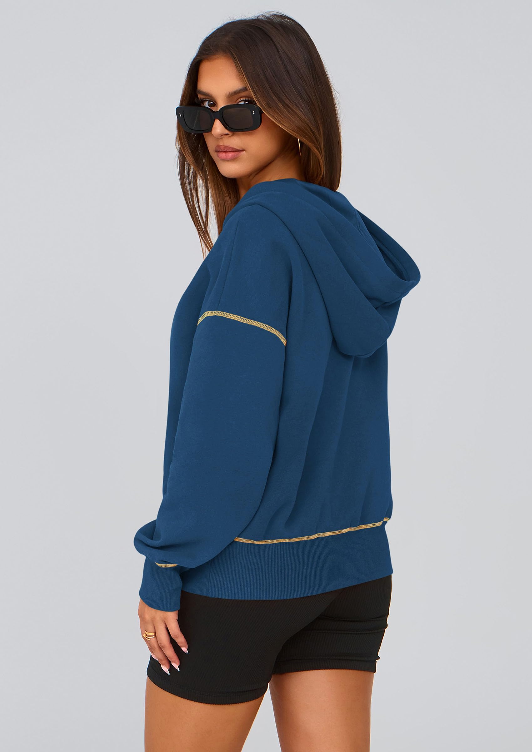 Women's Fall Half Zip Cropped Hoodie Sweatshirt Dark Blue