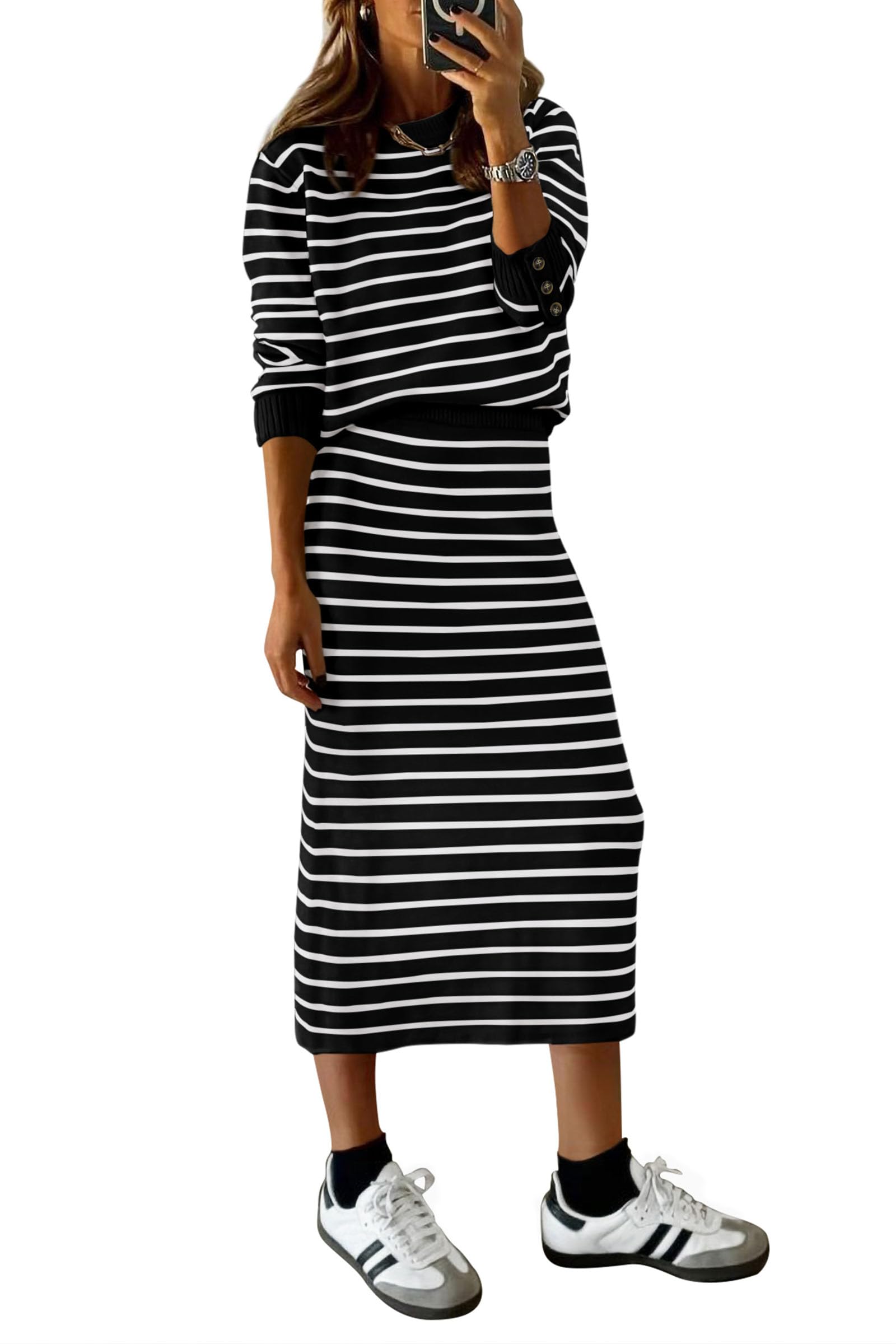Women's 2 Piece Striped Sweater Skirt Set Fall Matching Sets